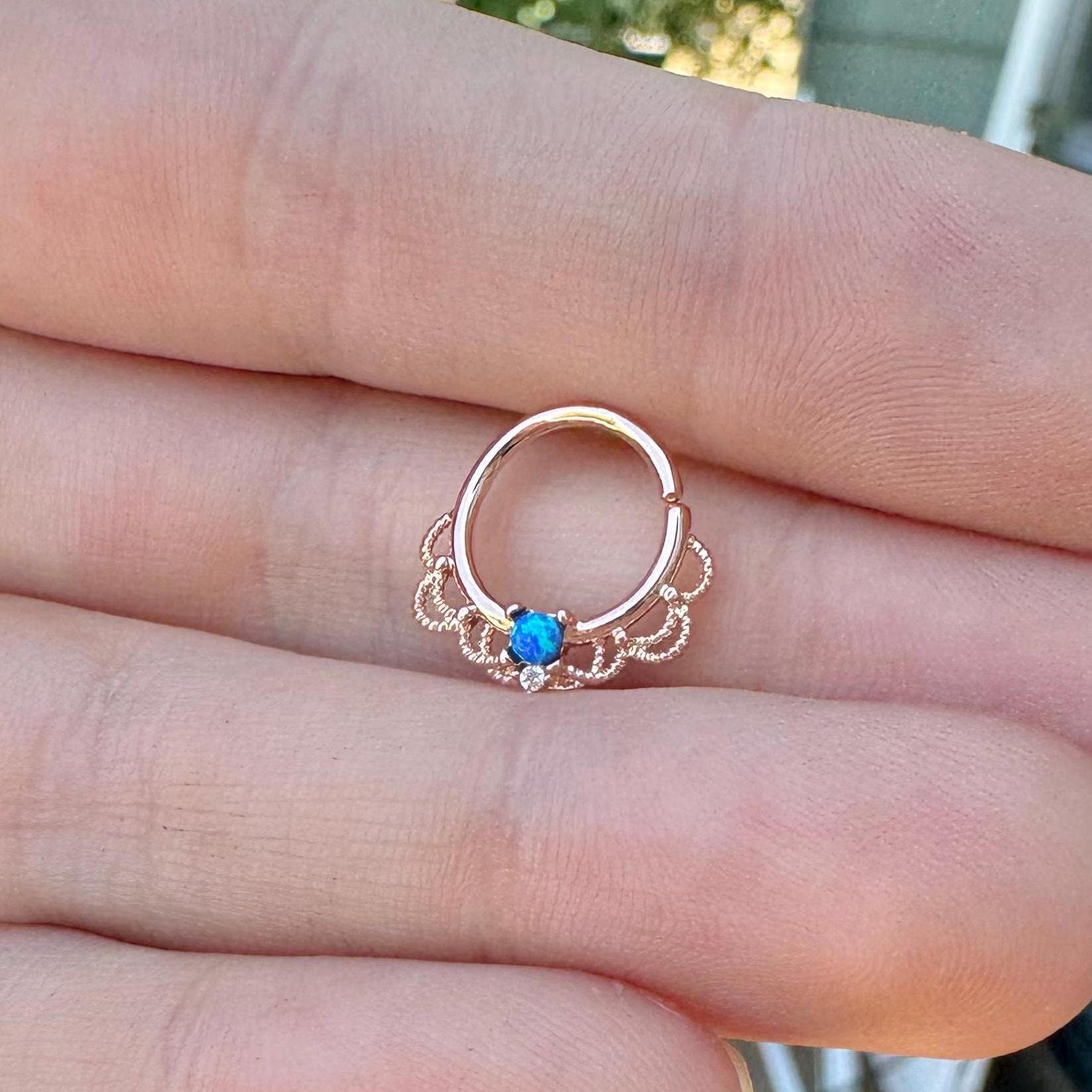 Daphne Lace Daith Earring-Daith Earring-Rose Gold/Blue Opal-Elara Body Jewelry