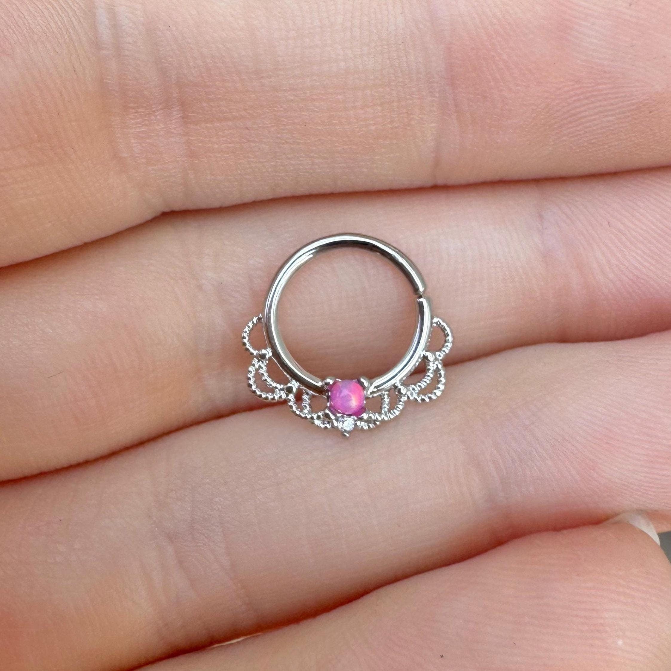 Daphne Lace Daith Earring-Daith Earring-Silver/Pink Opal-Elara Body Jewelry