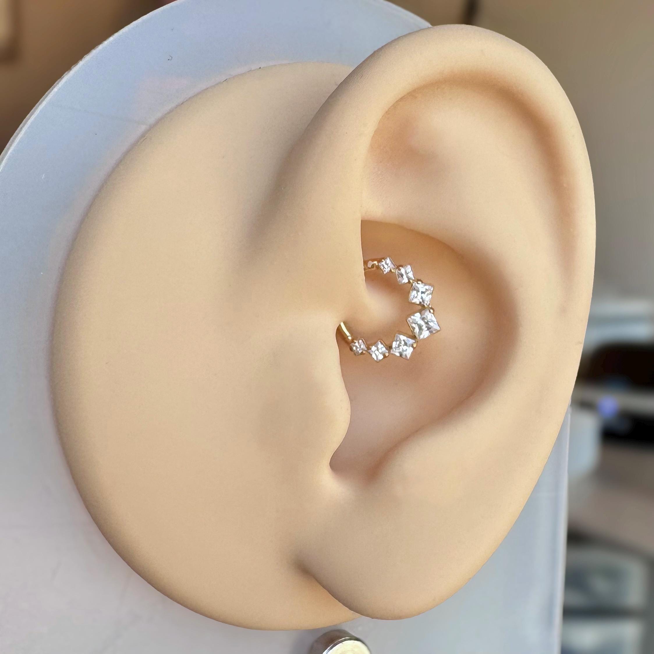 Edge of Light Daith Earring-Daith Earring-Gold/Clear CZs-8mm Diameter-Elara Body Jewelry