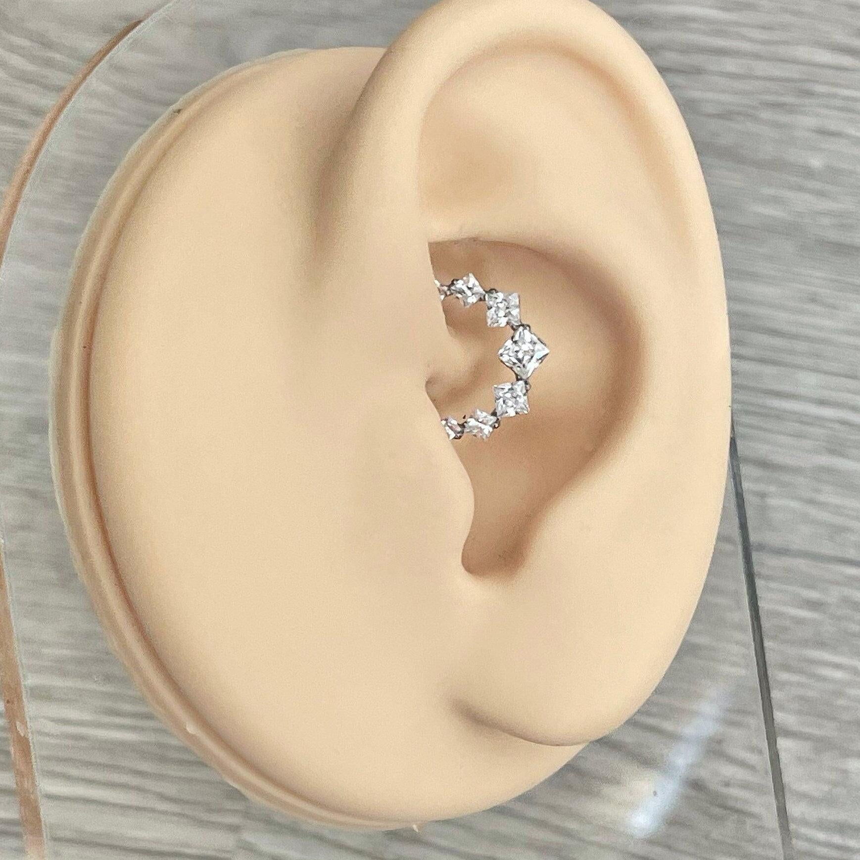Edge of Light Daith Earring-Daith Earring-Silver/Clear CZs-8mm Diameter-Elara Body Jewelry