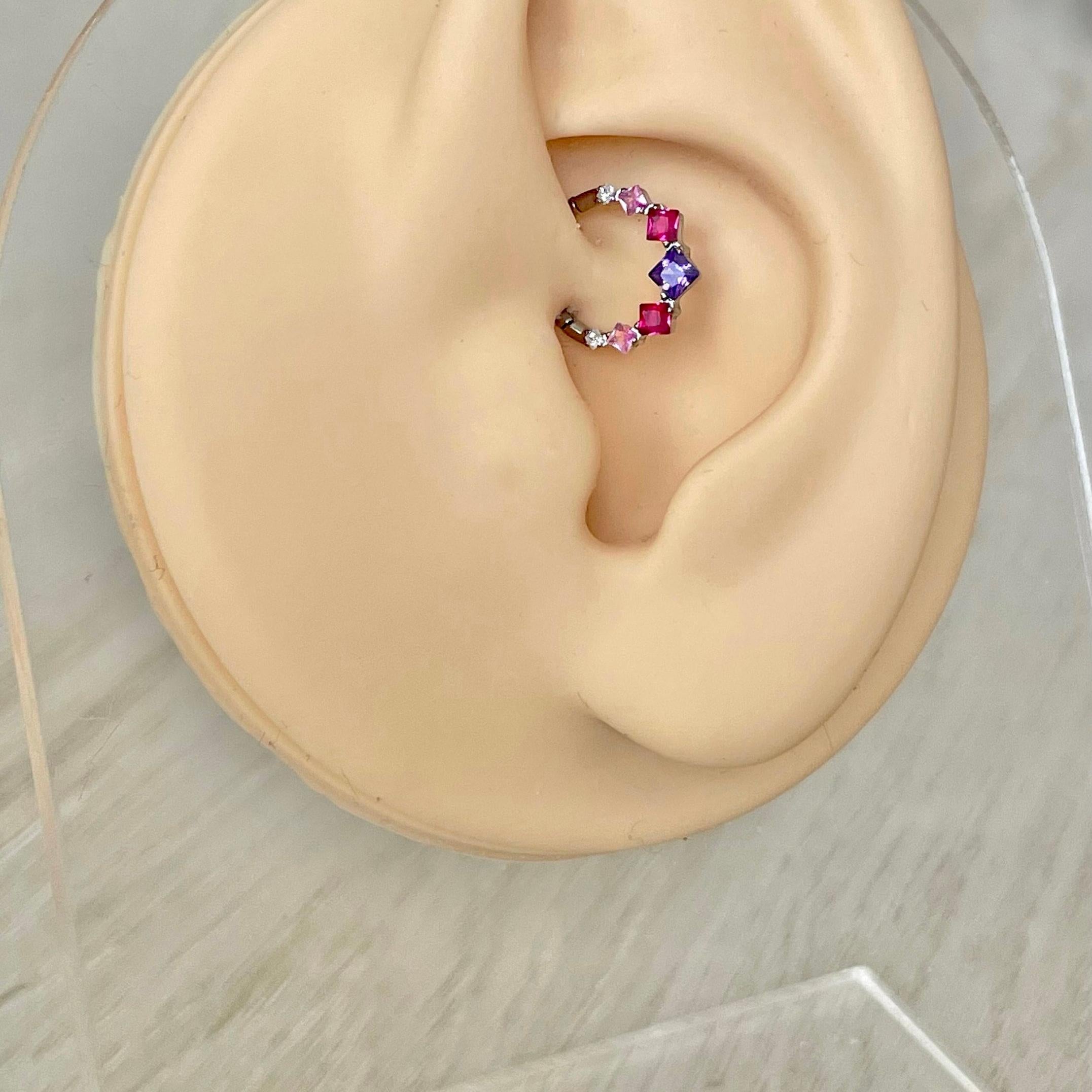 Edge of Light Daith Earring-Daith Earring-Silver/Colorful CZs-8mm Diameter-Elara Body Jewelry