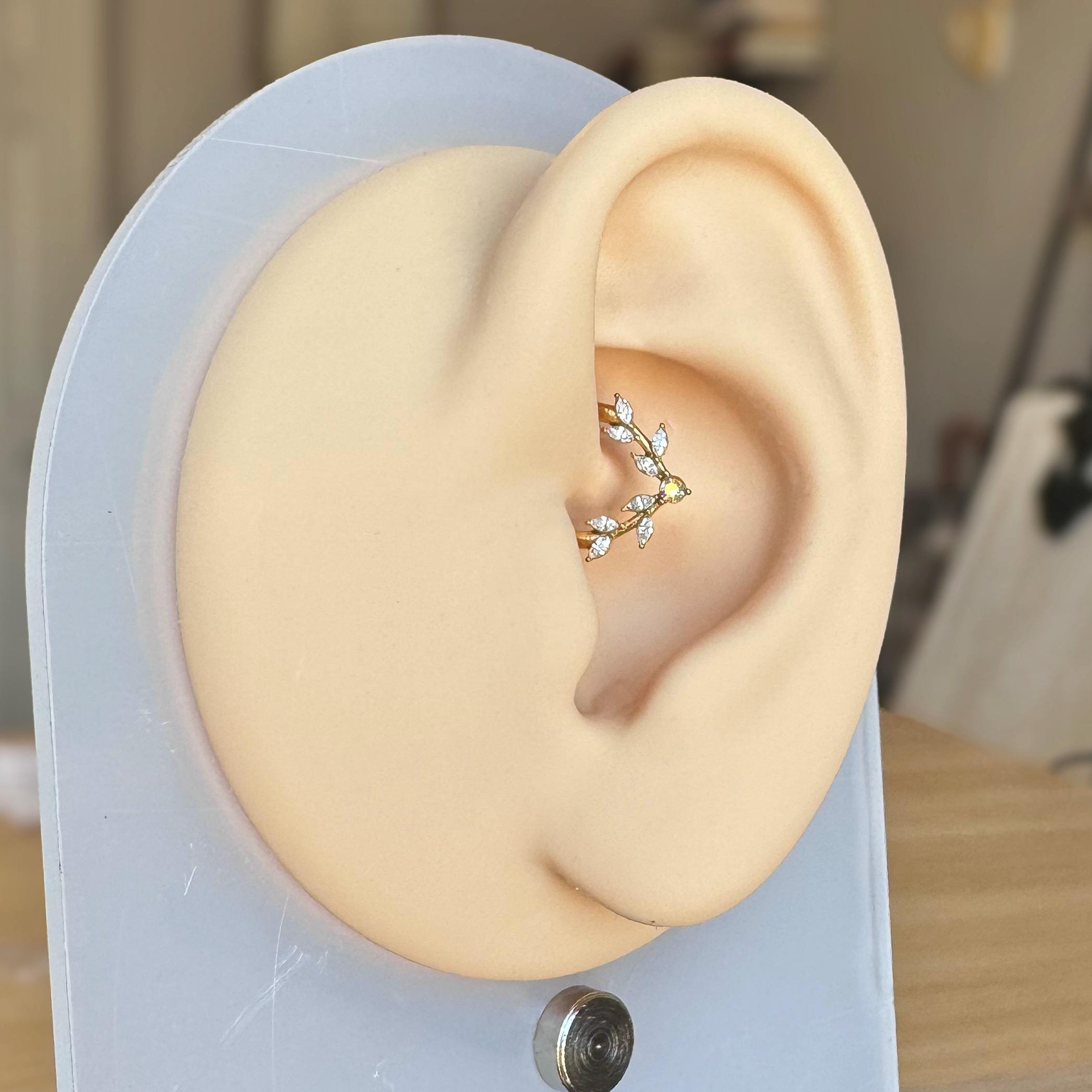 Frosted Fern Daith Earring-Daith Earring-Gold-8mm Diameter-Elara Body Jewelry