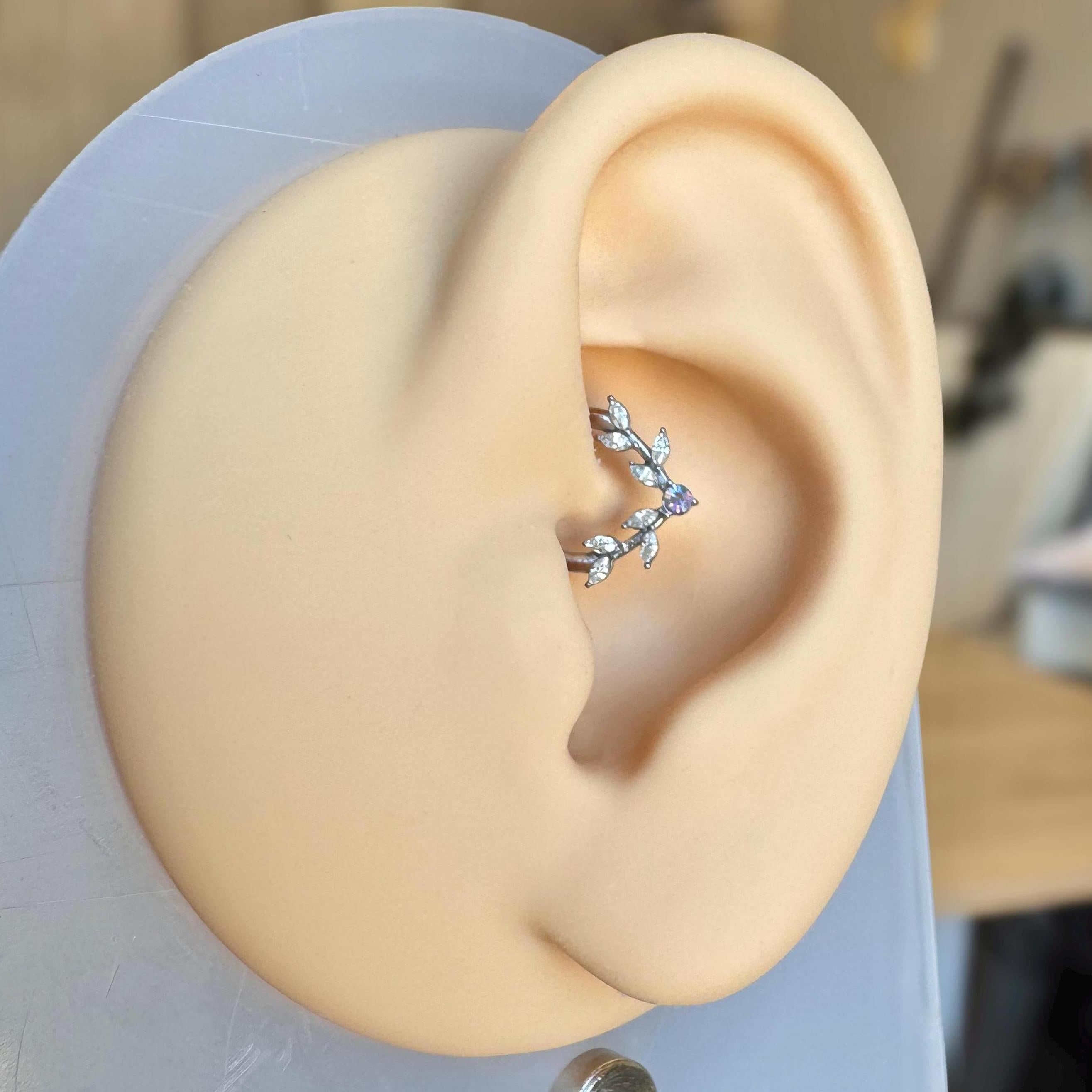 Frosted Fern Daith Earring-Daith Earring-Silver-8mm Diameter-Elara Body Jewelry