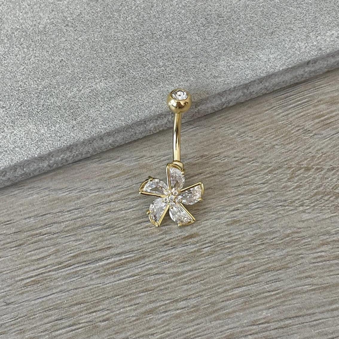 Gold Flower Belly Button Ring (14G, 10mm, Surgical Steel)-Belly Button Rings-Elara Body Jewelry