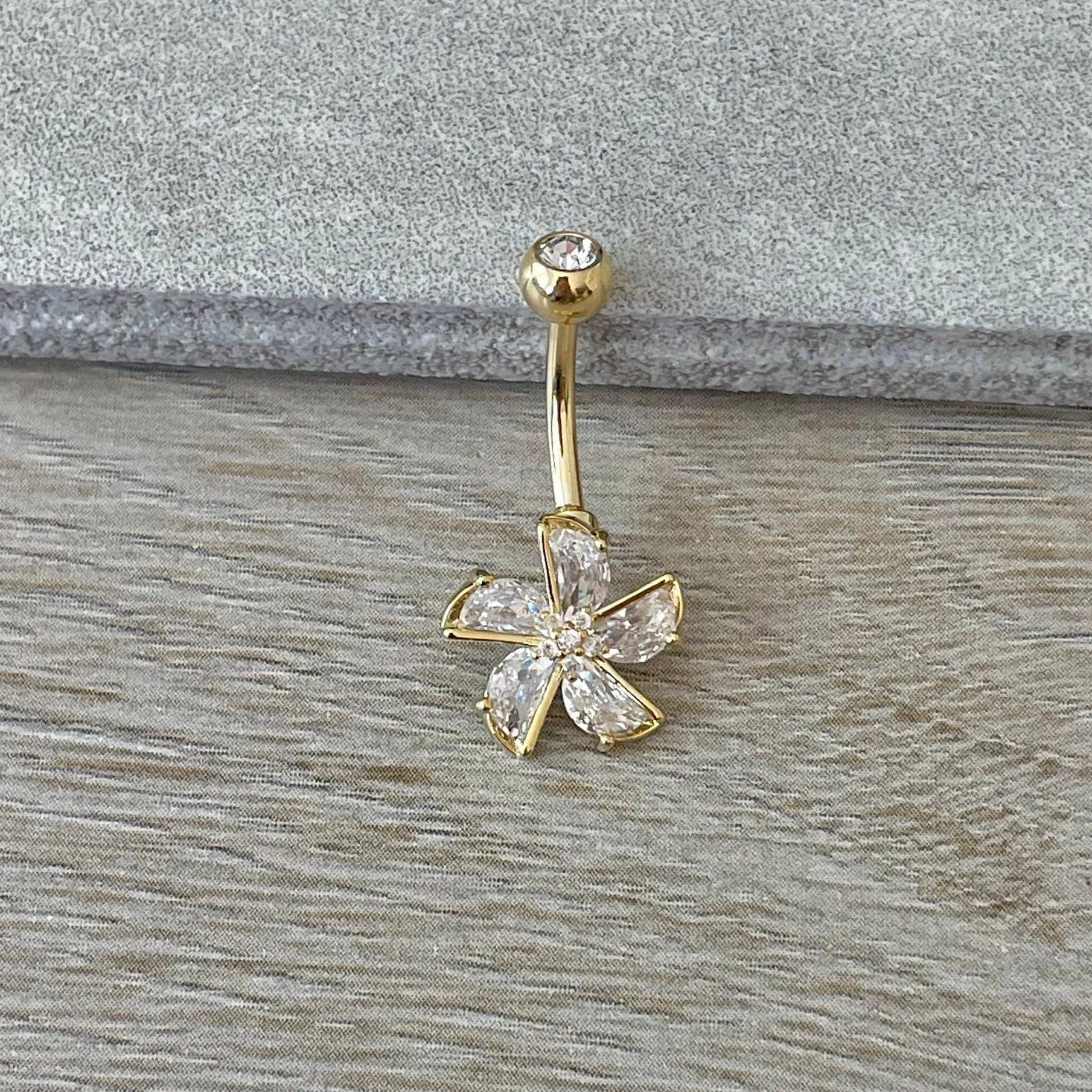 Gold Flower Belly Button Ring (14G, 10mm, Surgical Steel)-Belly Button Rings-Elara Body Jewelry