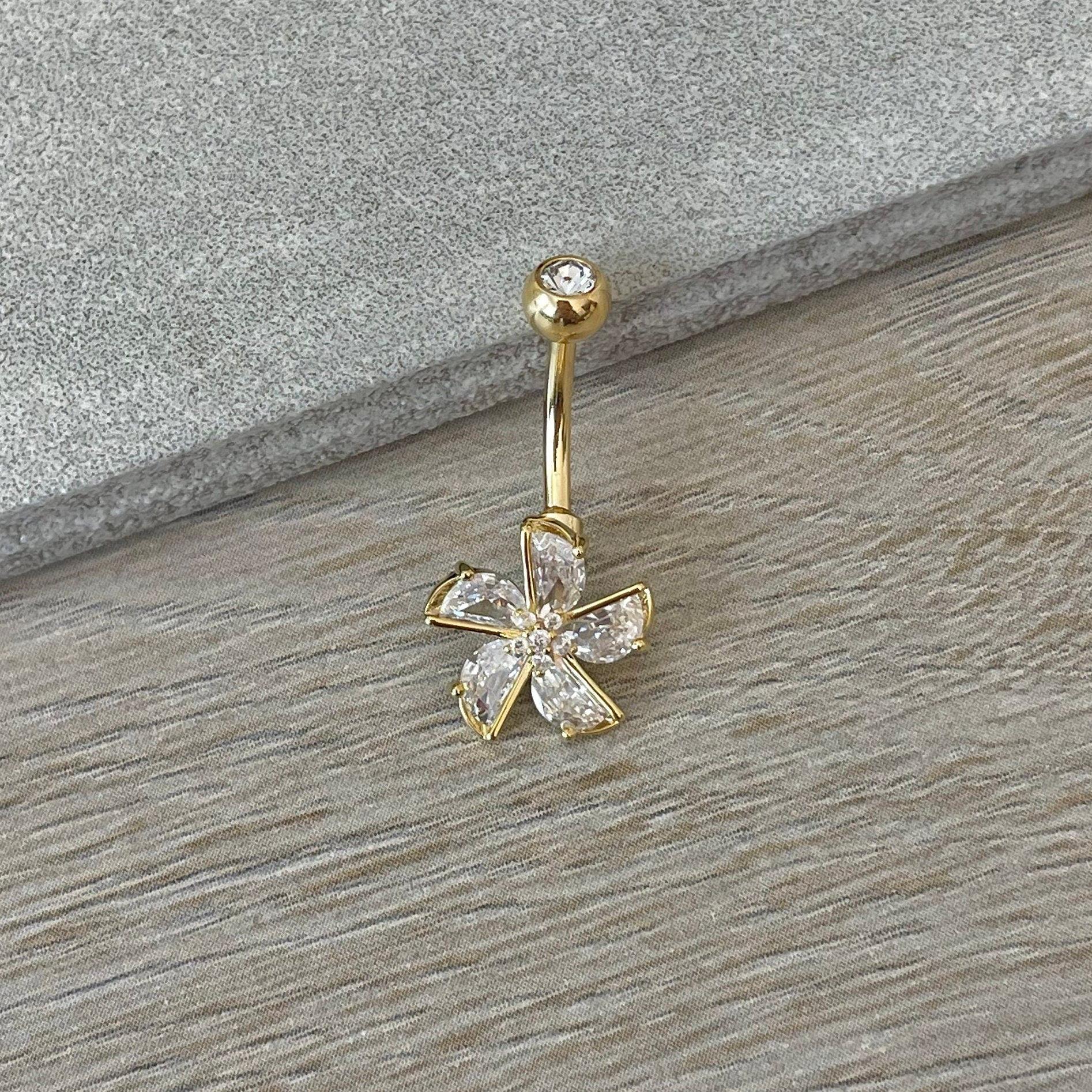 Gold Flower Belly Button Ring (14G, 10mm, Surgical Steel)-Belly Button Rings-Elara Body Jewelry
