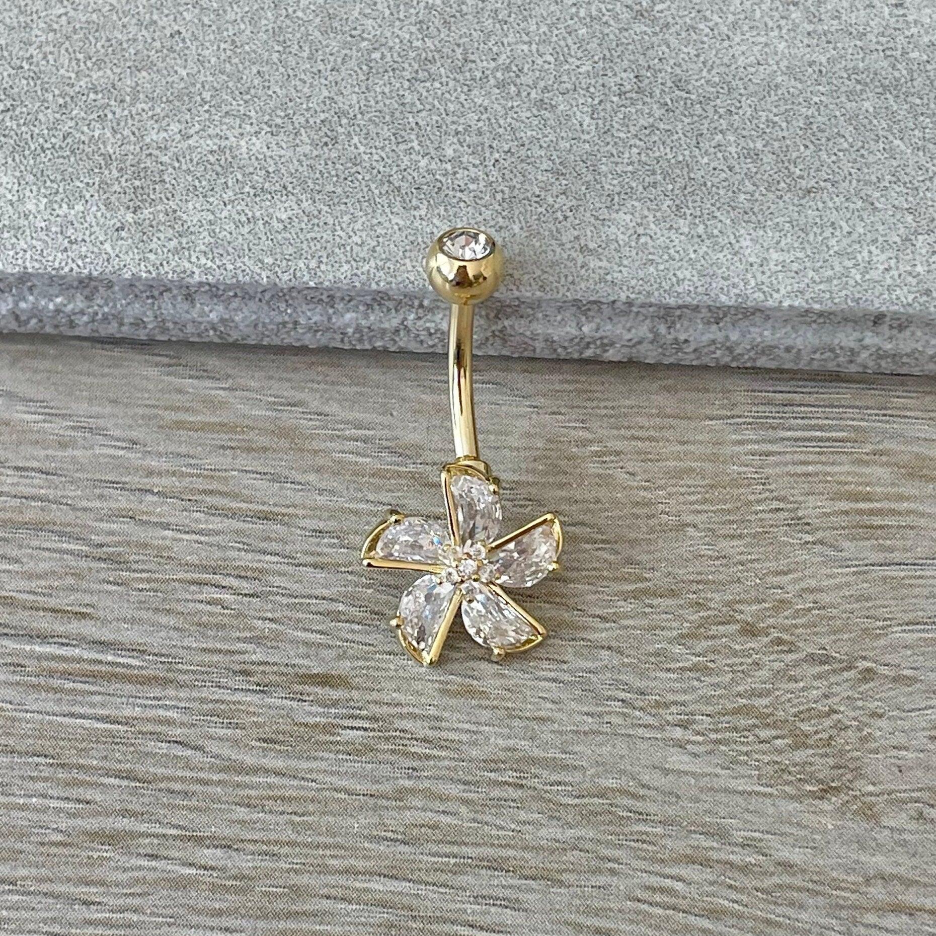 Gold Flower Belly Button Ring (14G, 10mm, Surgical Steel)-Belly Button Rings-Elara Body Jewelry