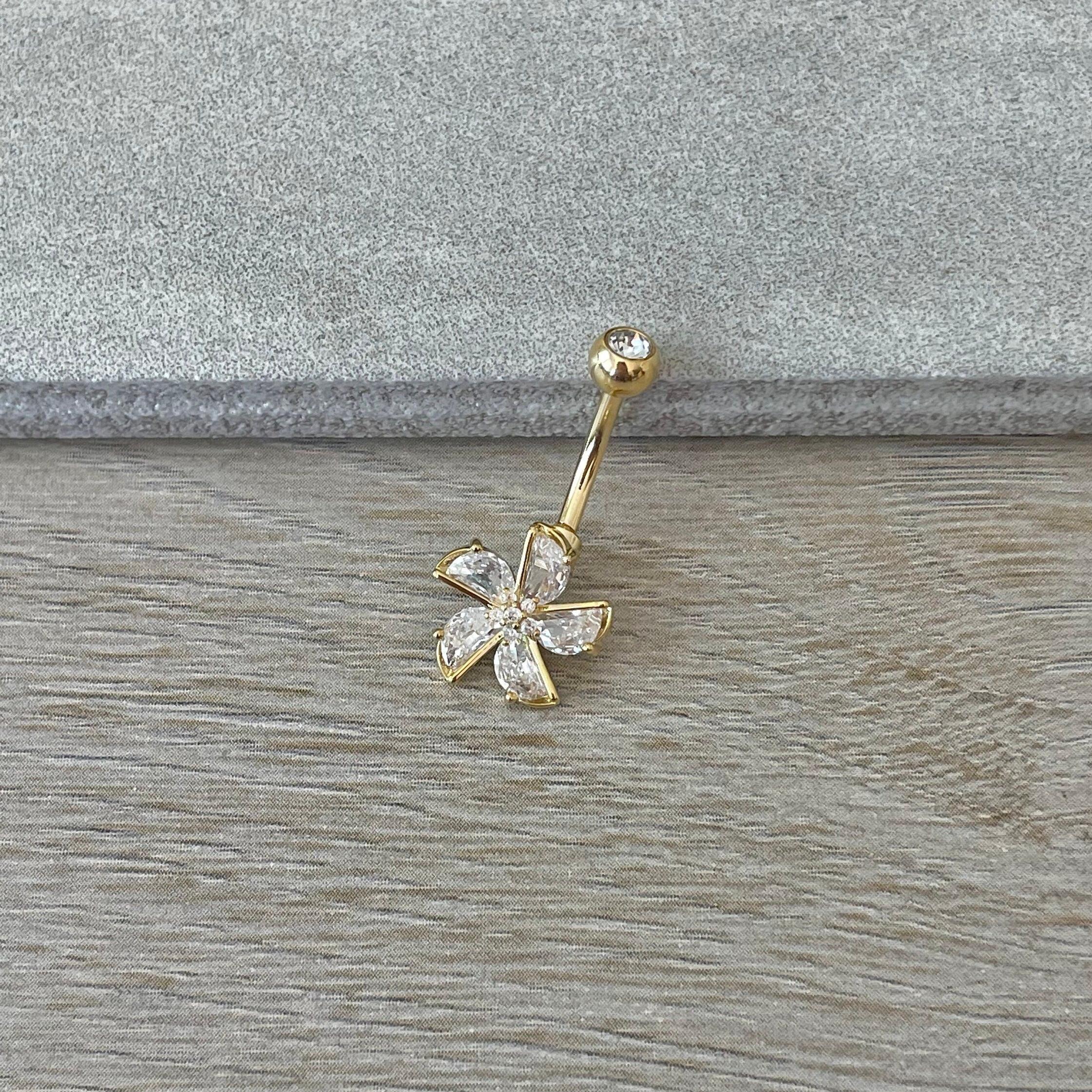 Gold Flower Belly Button Ring (14G, 10mm, Surgical Steel)-Belly Button Rings-Elara Body Jewelry