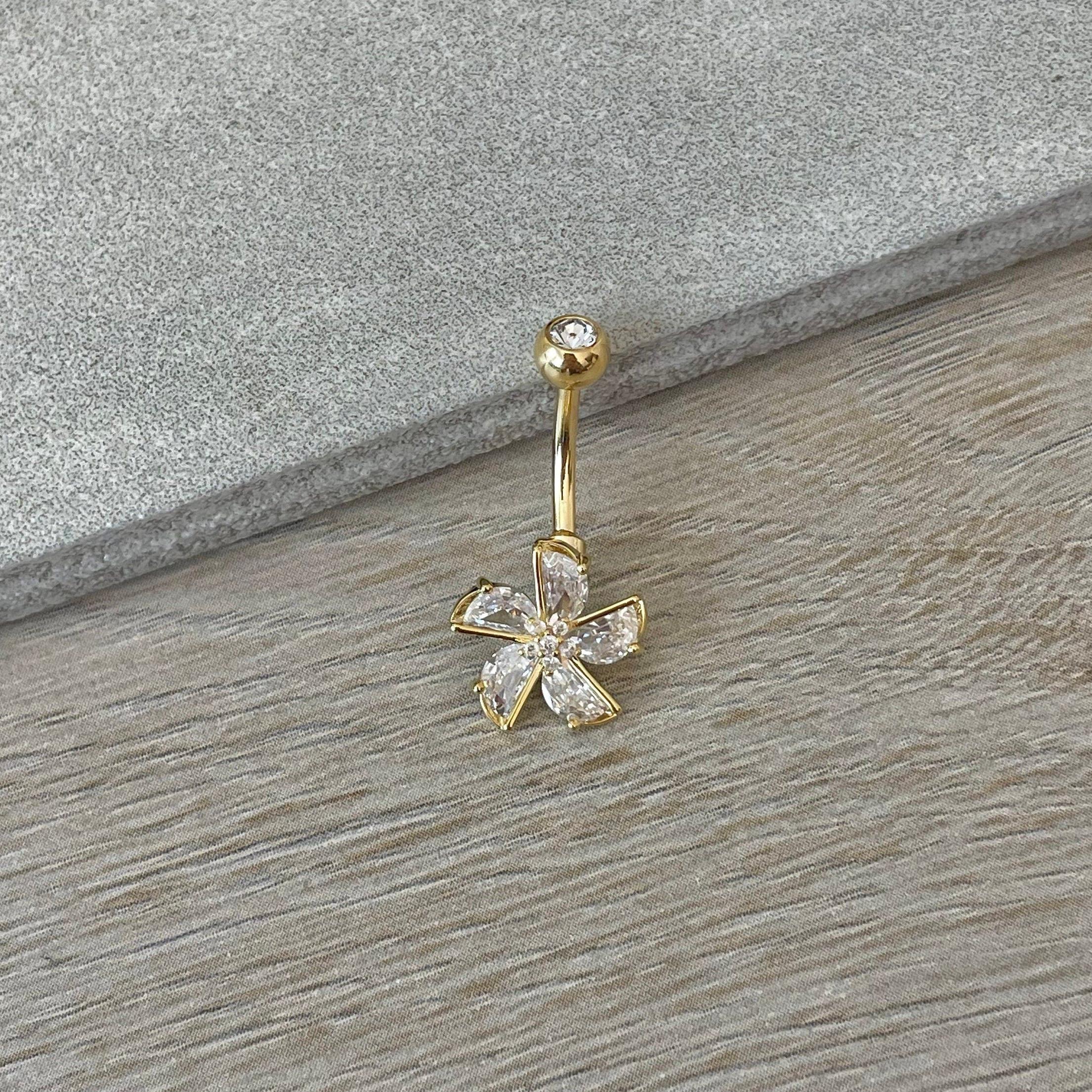 Gold Flower Belly Button Ring (14G, 10mm, Surgical Steel)-Belly Button Rings-Elara Body Jewelry