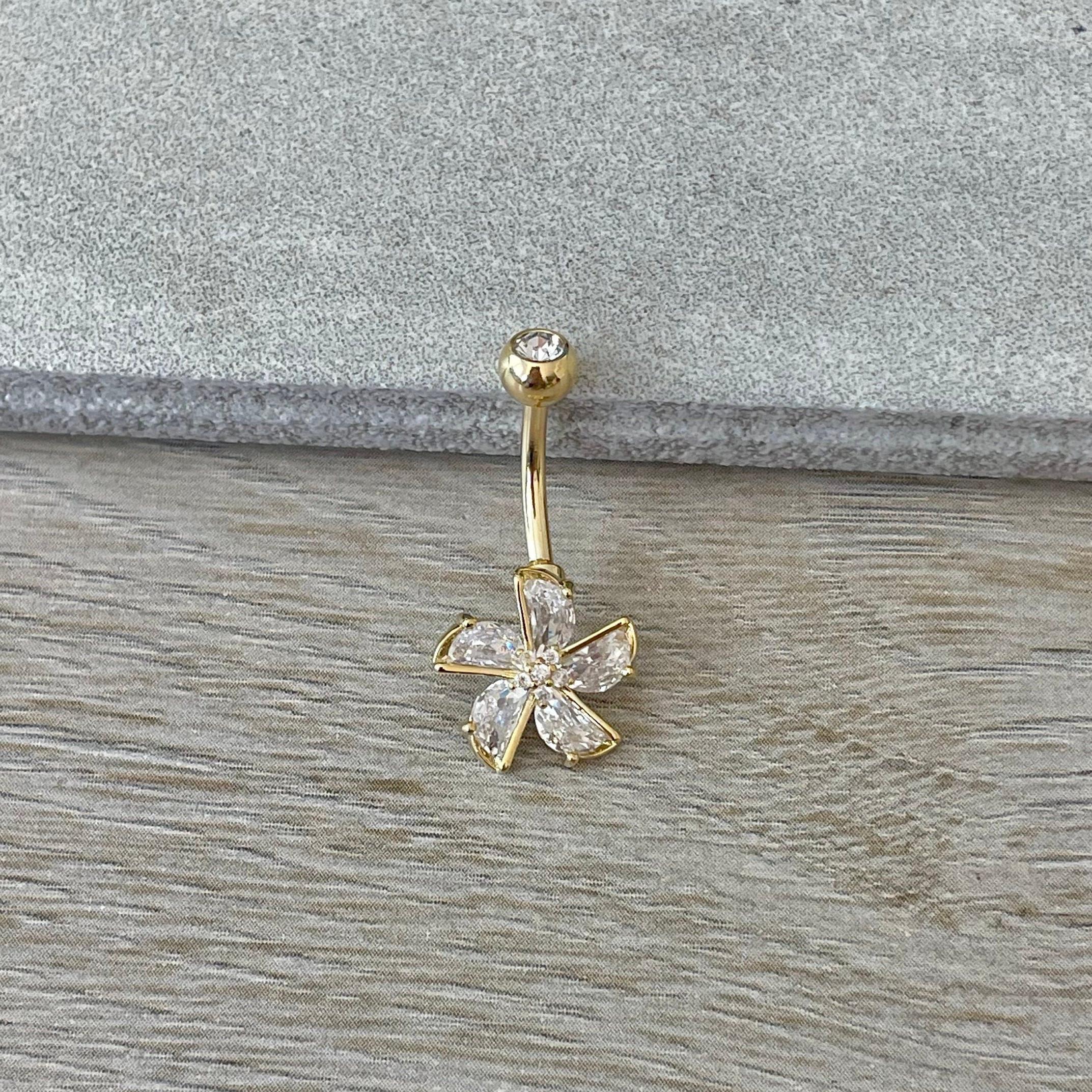 Gold Flower Belly Button Ring (14G, 10mm, Surgical Steel)-Belly Button Rings-Elara Body Jewelry