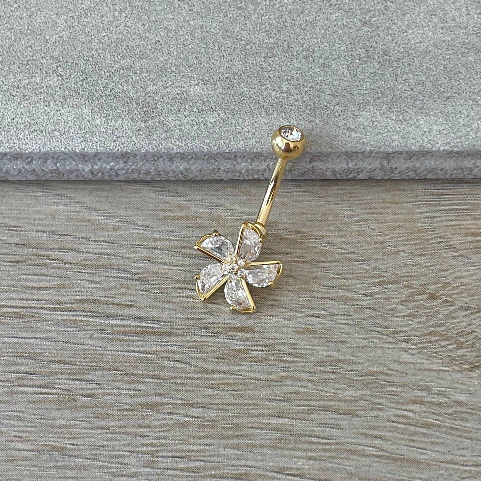 Gold Flower Belly Button Ring (14G, 10mm, Surgical Steel)-Belly Button Rings-Elara Body Jewelry