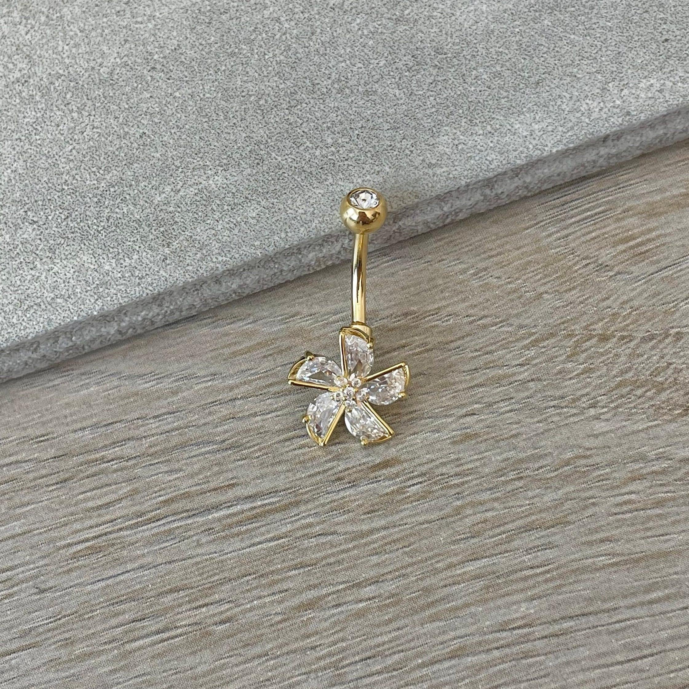 Gold Flower Belly Button Ring (14G, 10mm, Surgical Steel)-Belly Button Rings-Elara Body Jewelry