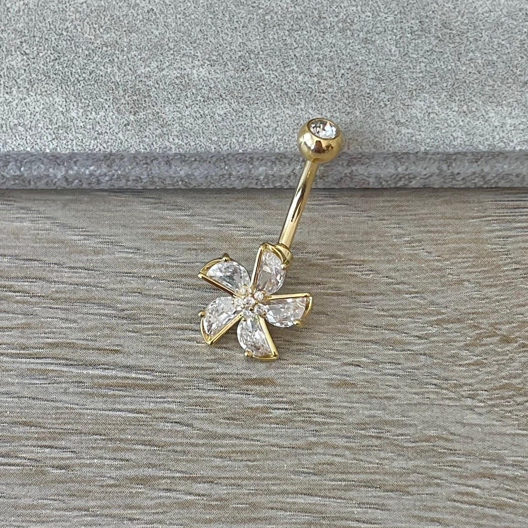 Gold Flower Belly Button Ring (14G, 10mm, Surgical Steel)-Belly Button Rings-Elara Body Jewelry