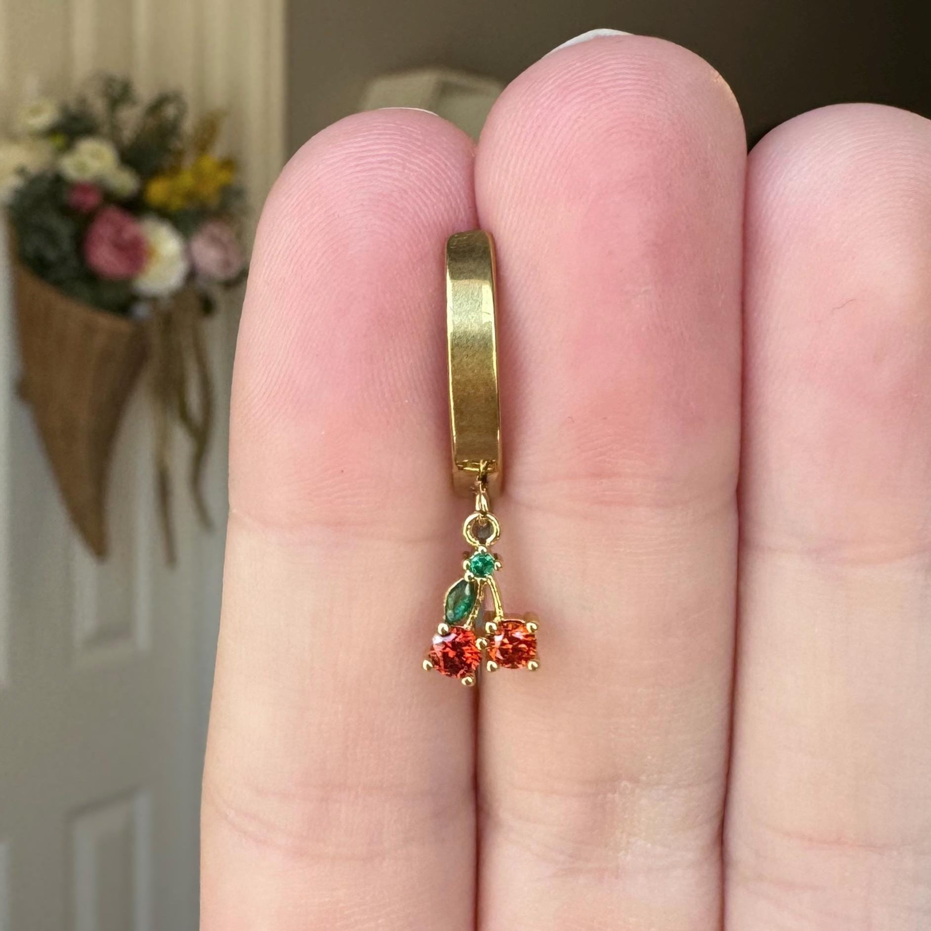 Hinged clicker Belly Button Ring with Dainty Cherry Charm