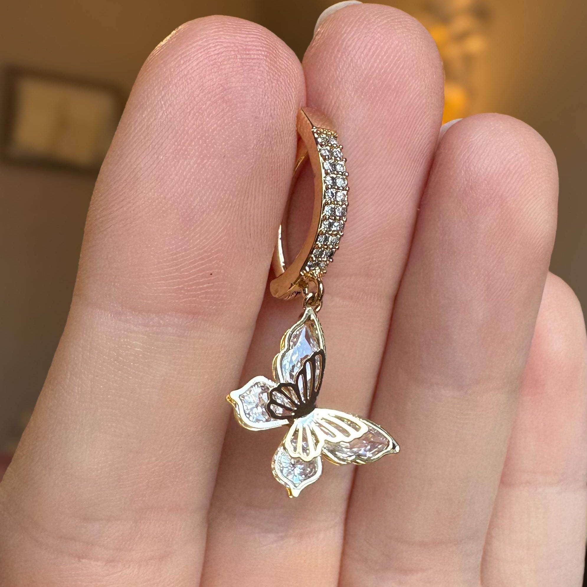 Hinged Gold Belly Button Ring with Butterfly Charm
