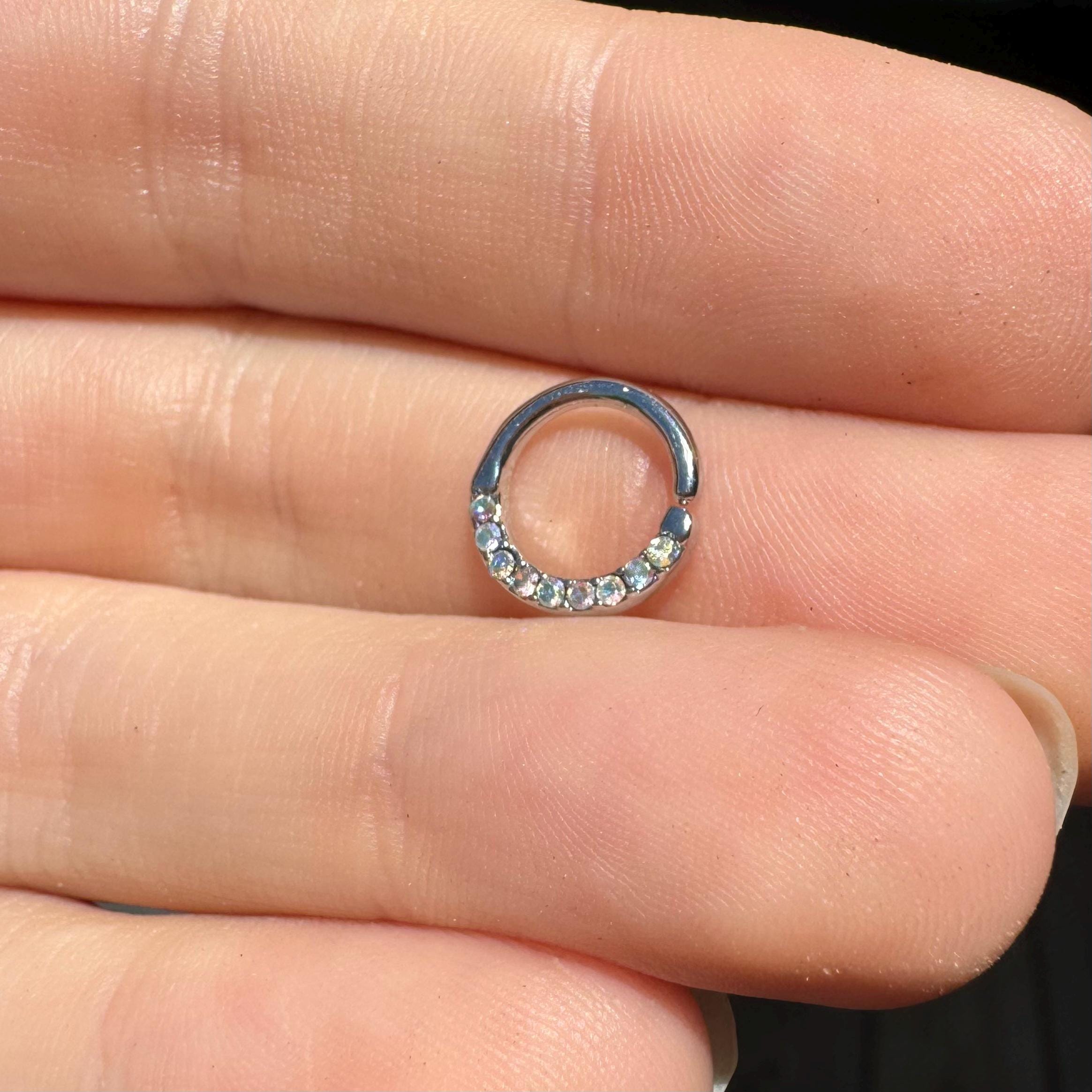 Rose Gold Crystal Daith Earring-Daith Earring-Silver/Aurora CZs-Elara Body Jewelry