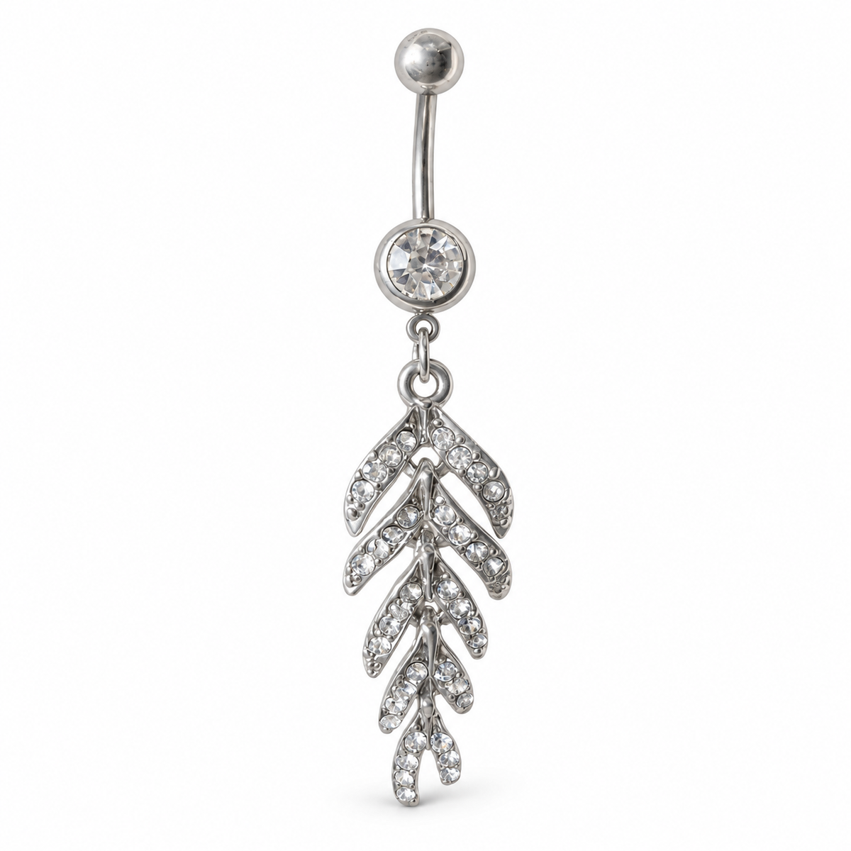 Silver toned belly button ring, with a leaf designed charm with CZs