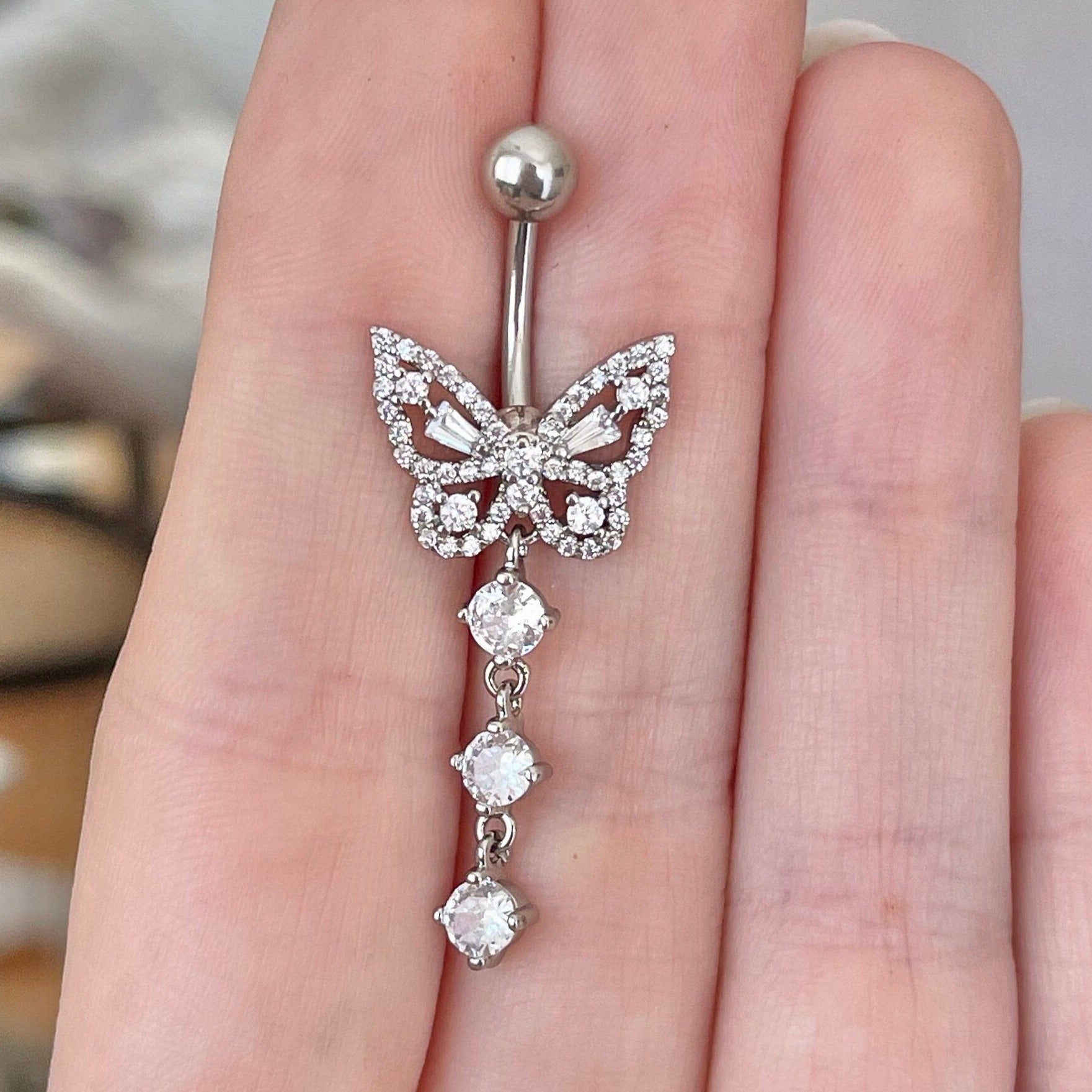 Aeris Belly Button Ring-Belly Button Rings-Silver/Clear CZs-Elara Body Jewelry