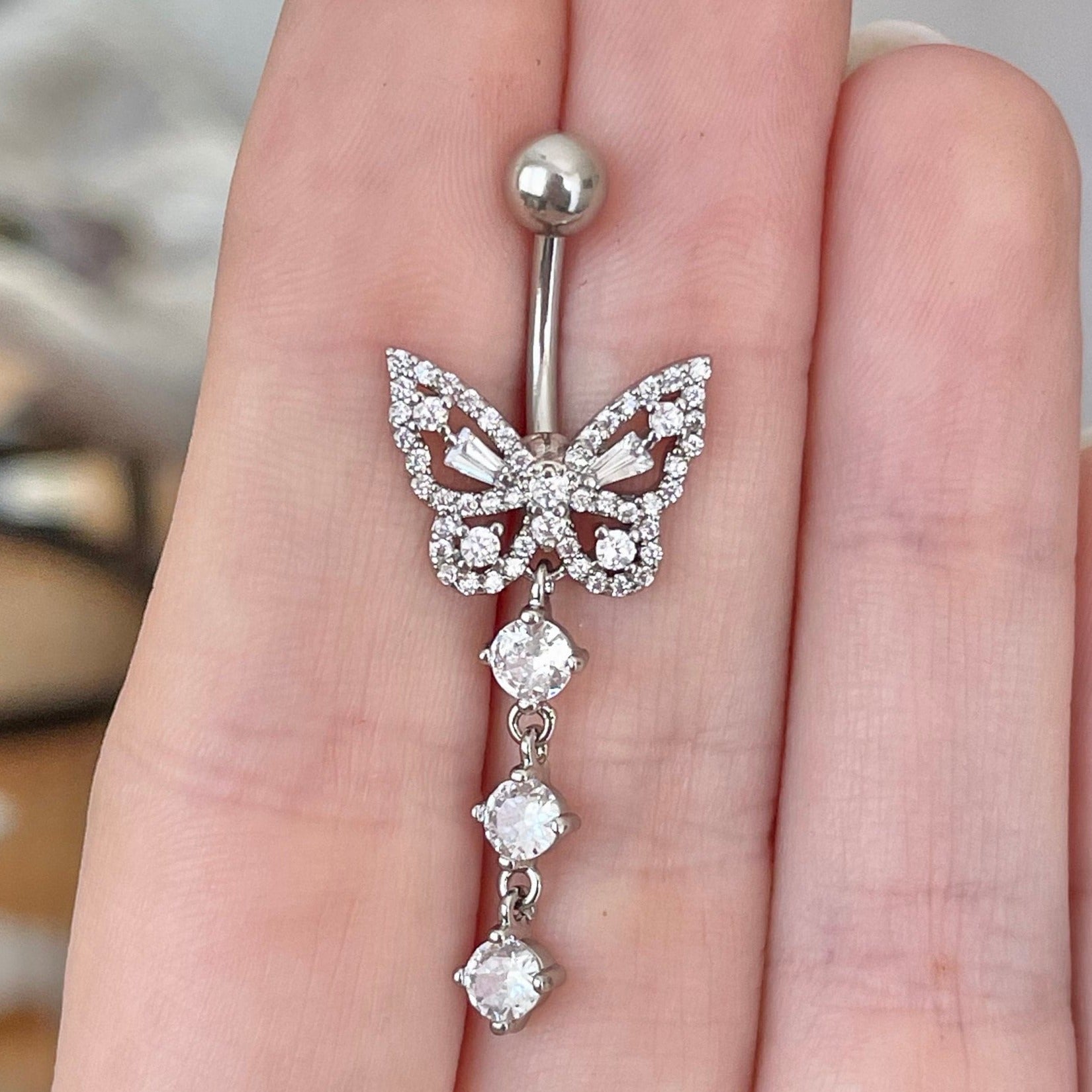 Aeris Belly Button Ring-Belly Button Rings-Silver/Clear CZs-Elara Body Jewelry