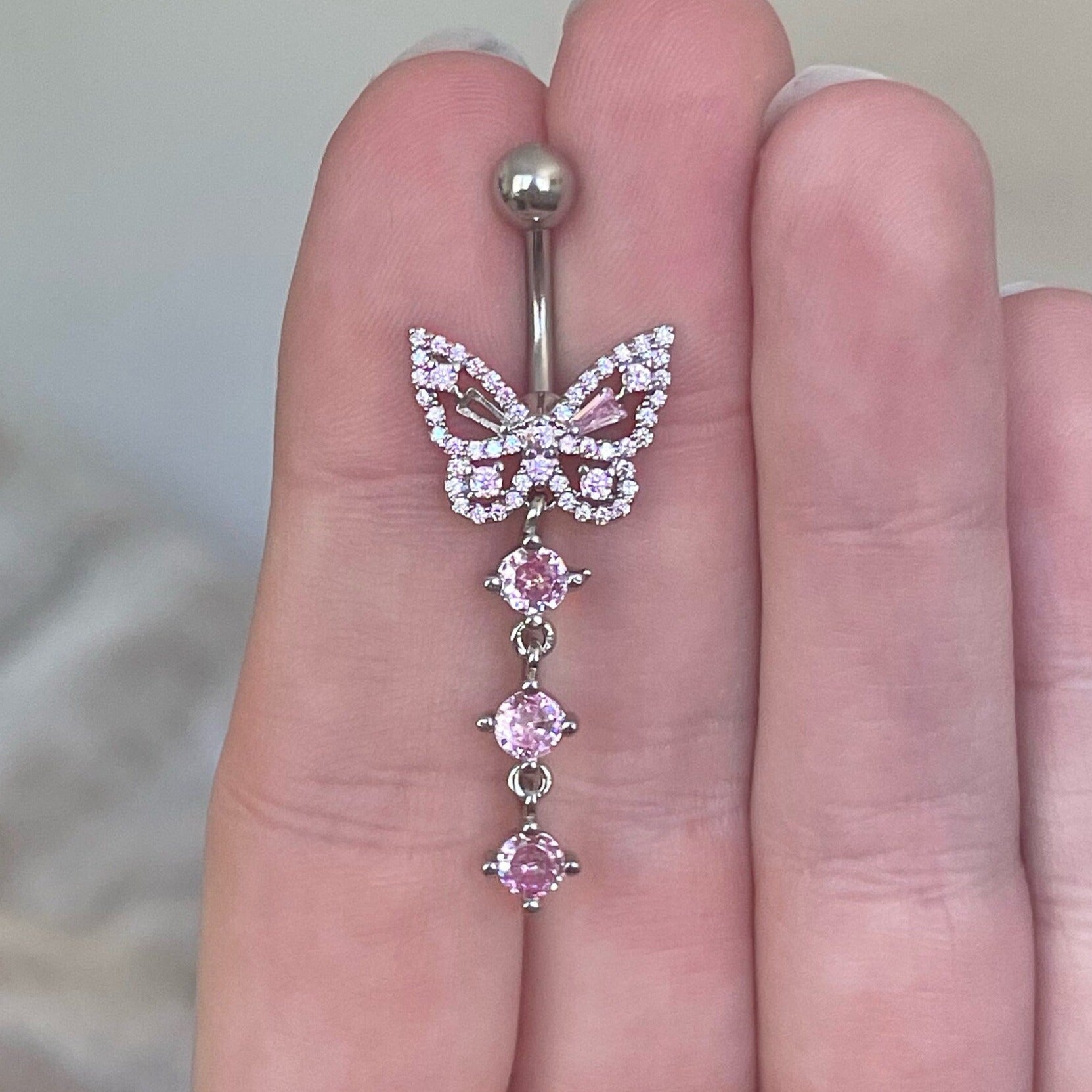 Aeris Belly Button Ring-Belly Button Rings-Silver/Pink CZs-Elara Body Jewelry