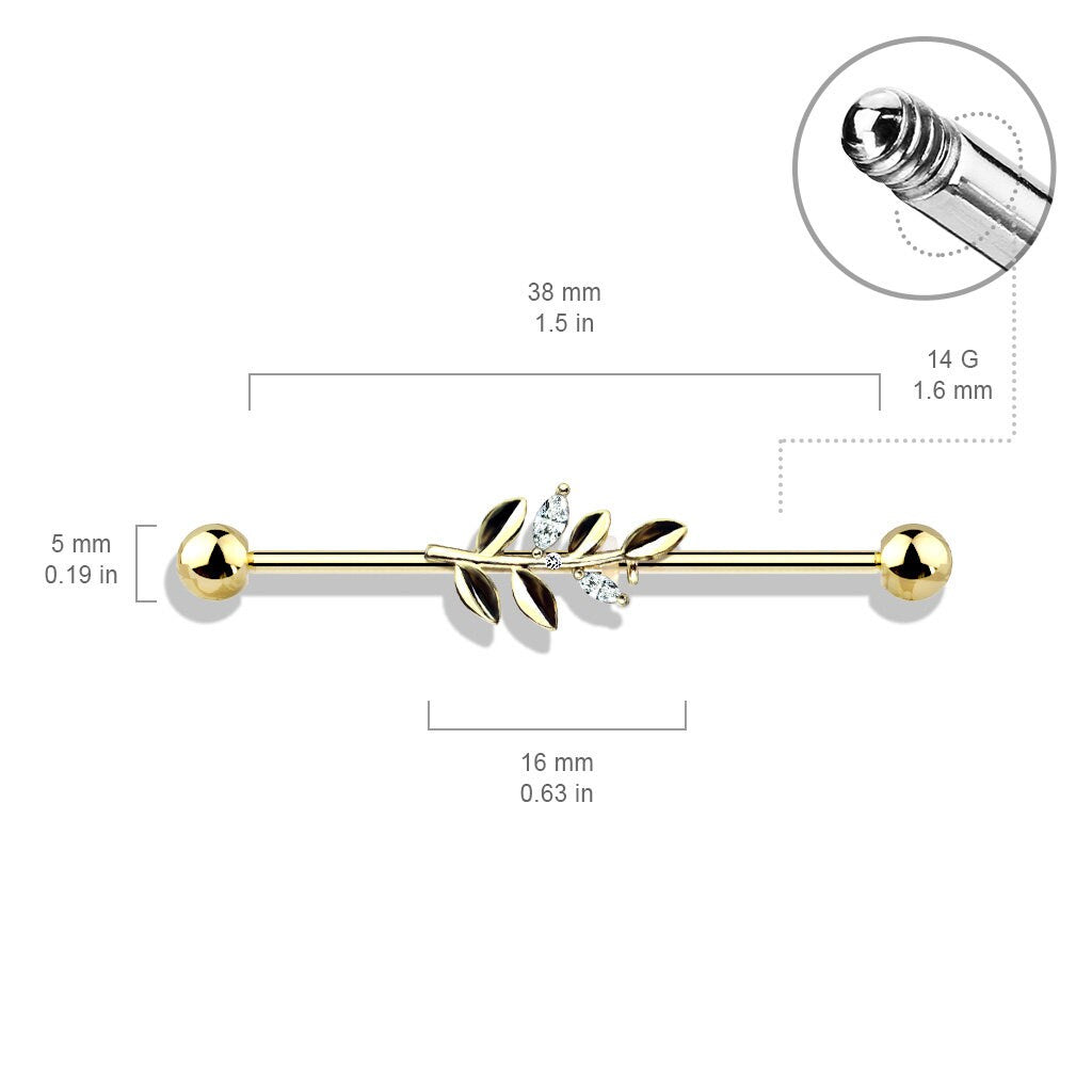 Aura Leaf Industrial Piercing-Industrial Barbell-Gold-Elara Body Jewelry