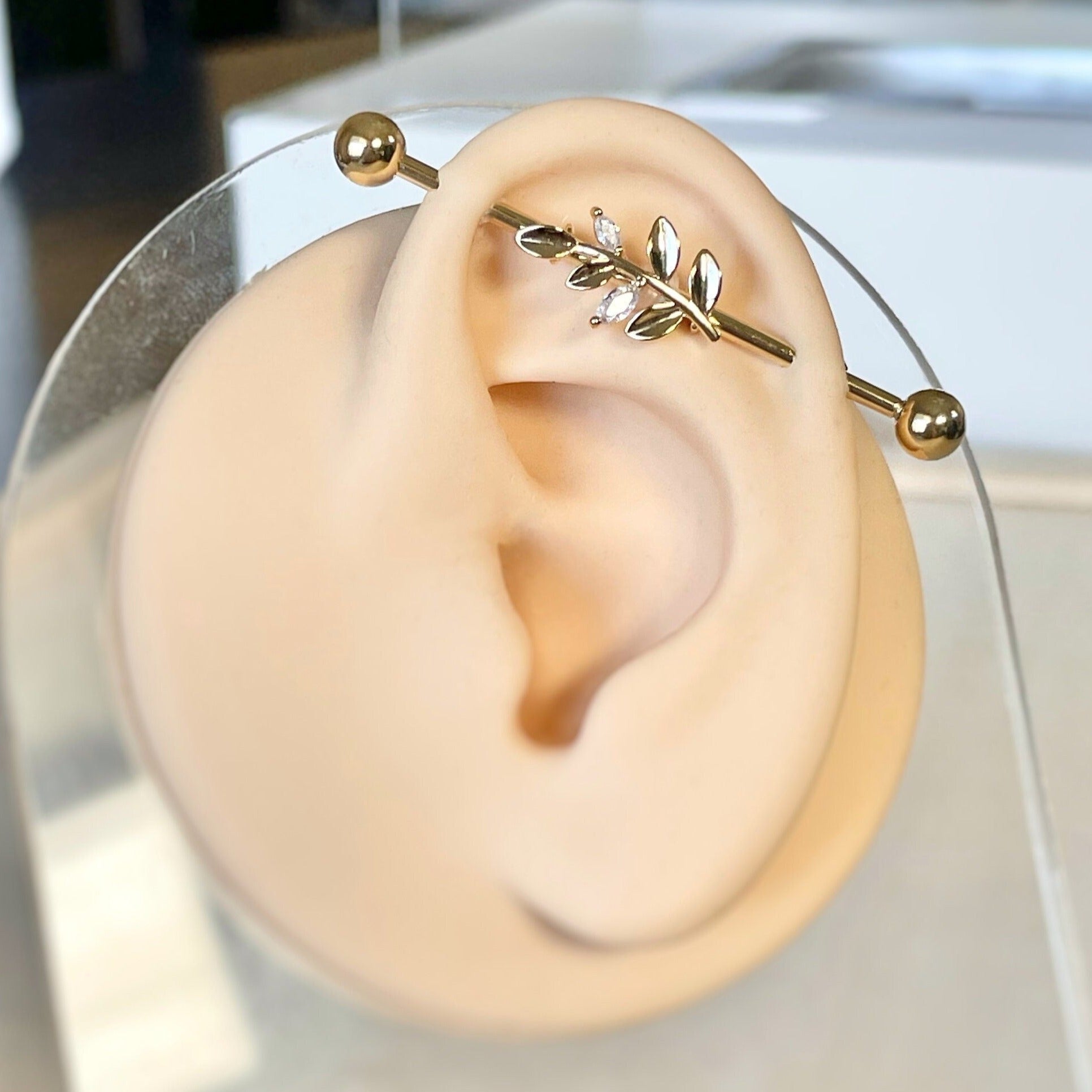 Aura Leaf Industrial Piercing-Industrial Barbell-Gold-Elara Body Jewelry