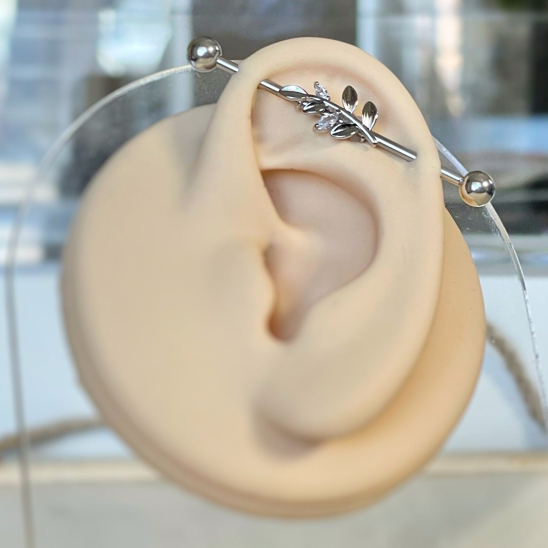 Aura Leaf Industrial Piercing-Industrial Barbell-Silver-Elara Body Jewelry