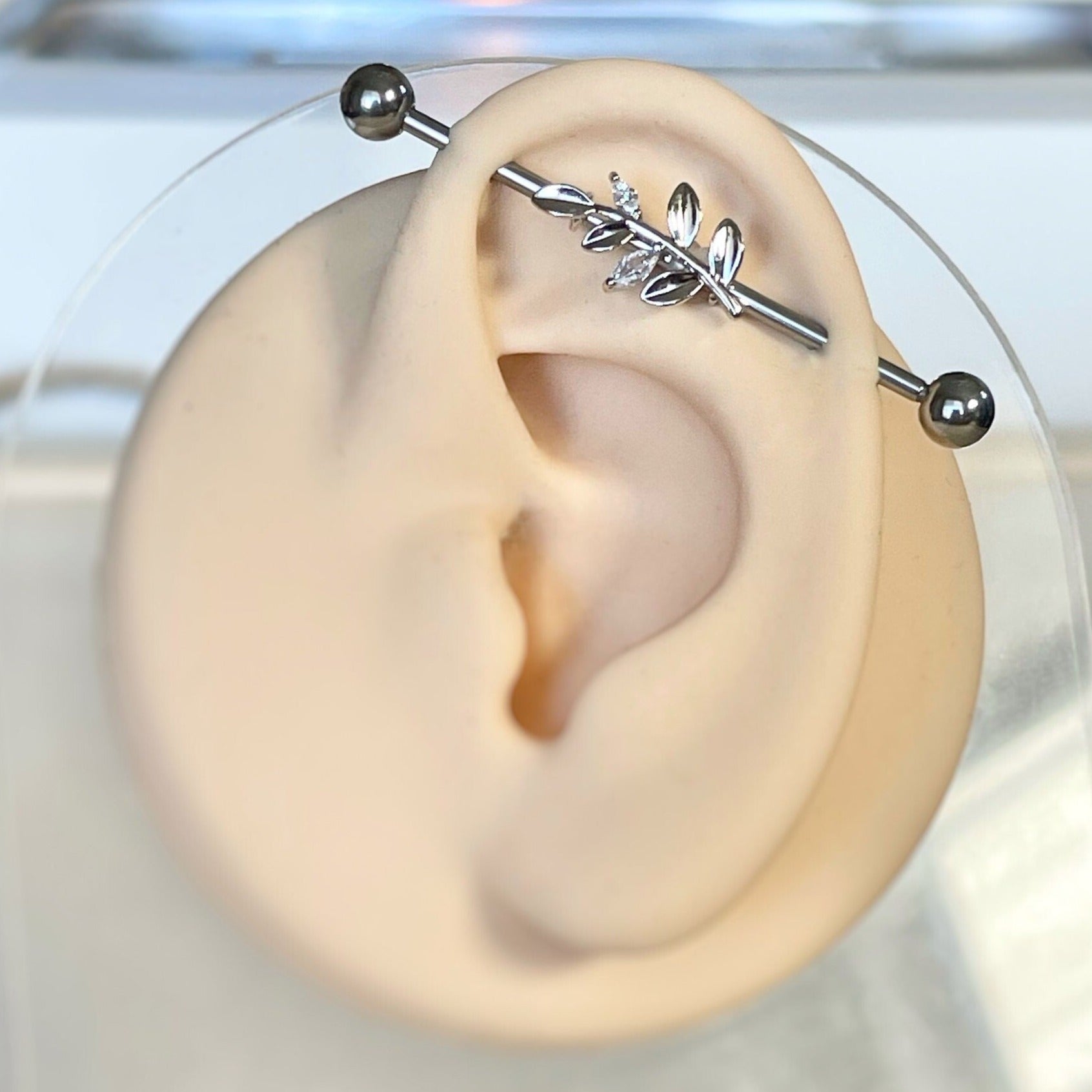 Aura Leaf Industrial Piercing-Industrial Barbell-Silver-Elara Body Jewelry