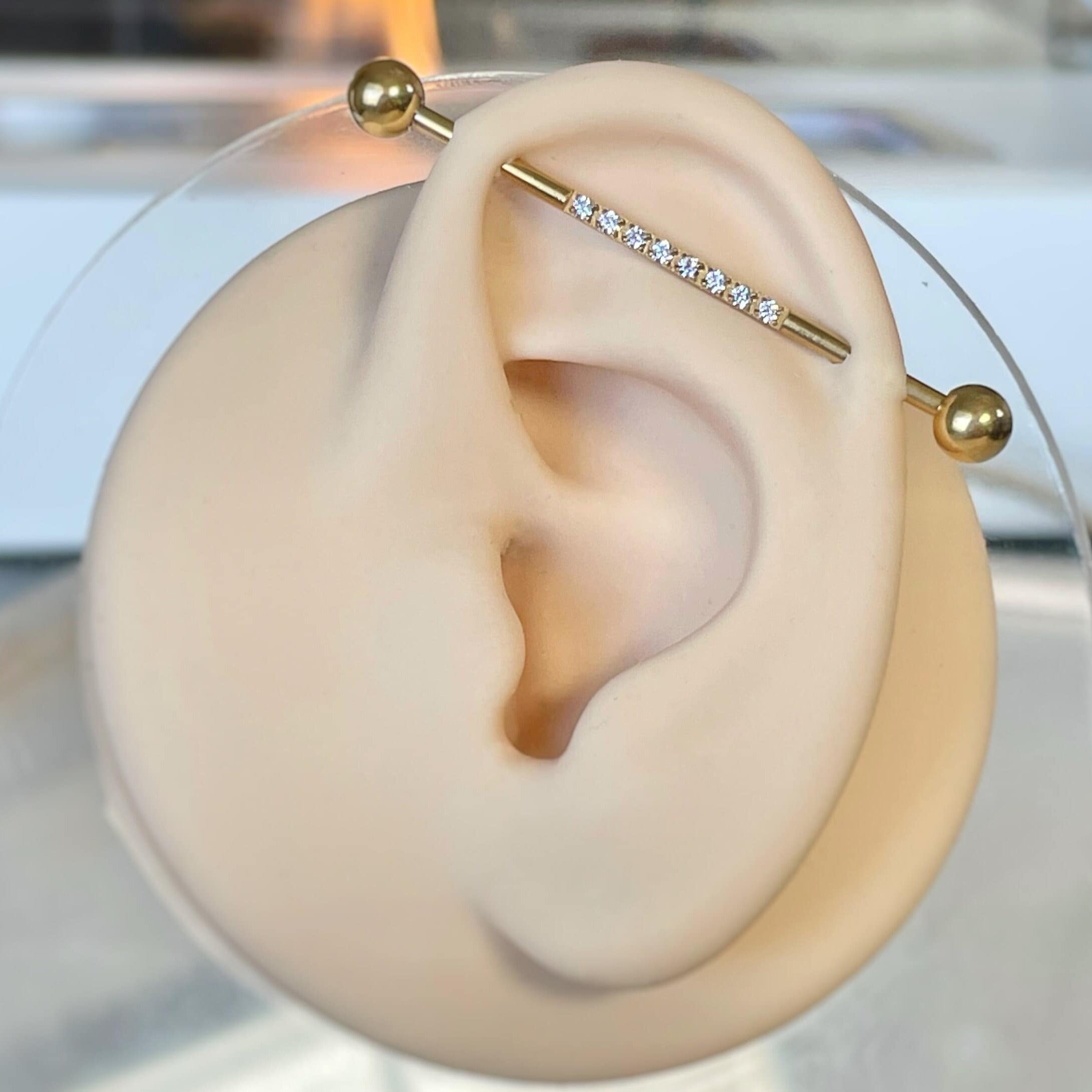 Aurora Halo Industrial Piercing-Industrial Barbell-Gold/Clear CZs-Elara Body Jewelry