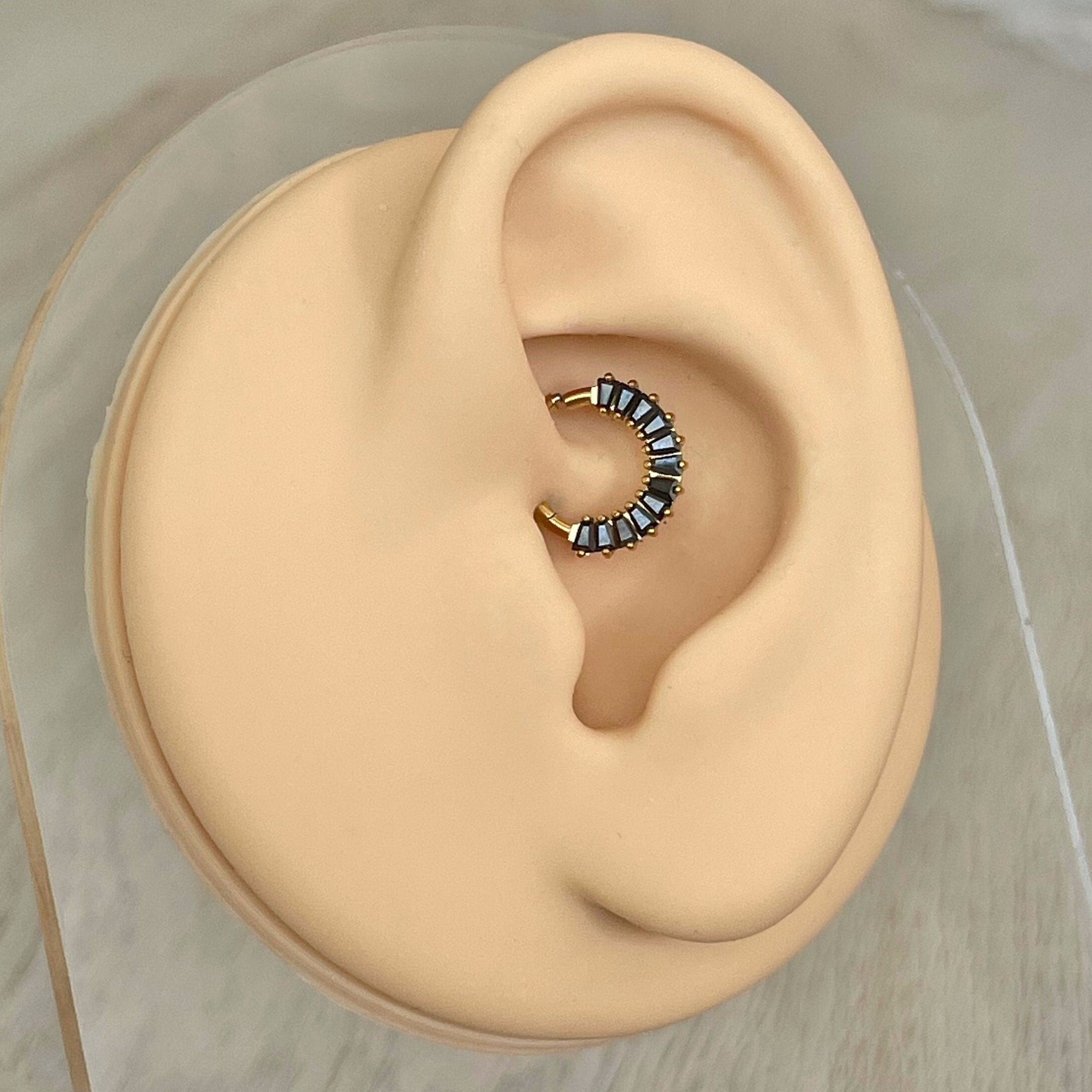 Calyx Veil Daith Earring-Daith Earring-8mm Diameter-Gold/Black CZs-Elara Body Jewelry