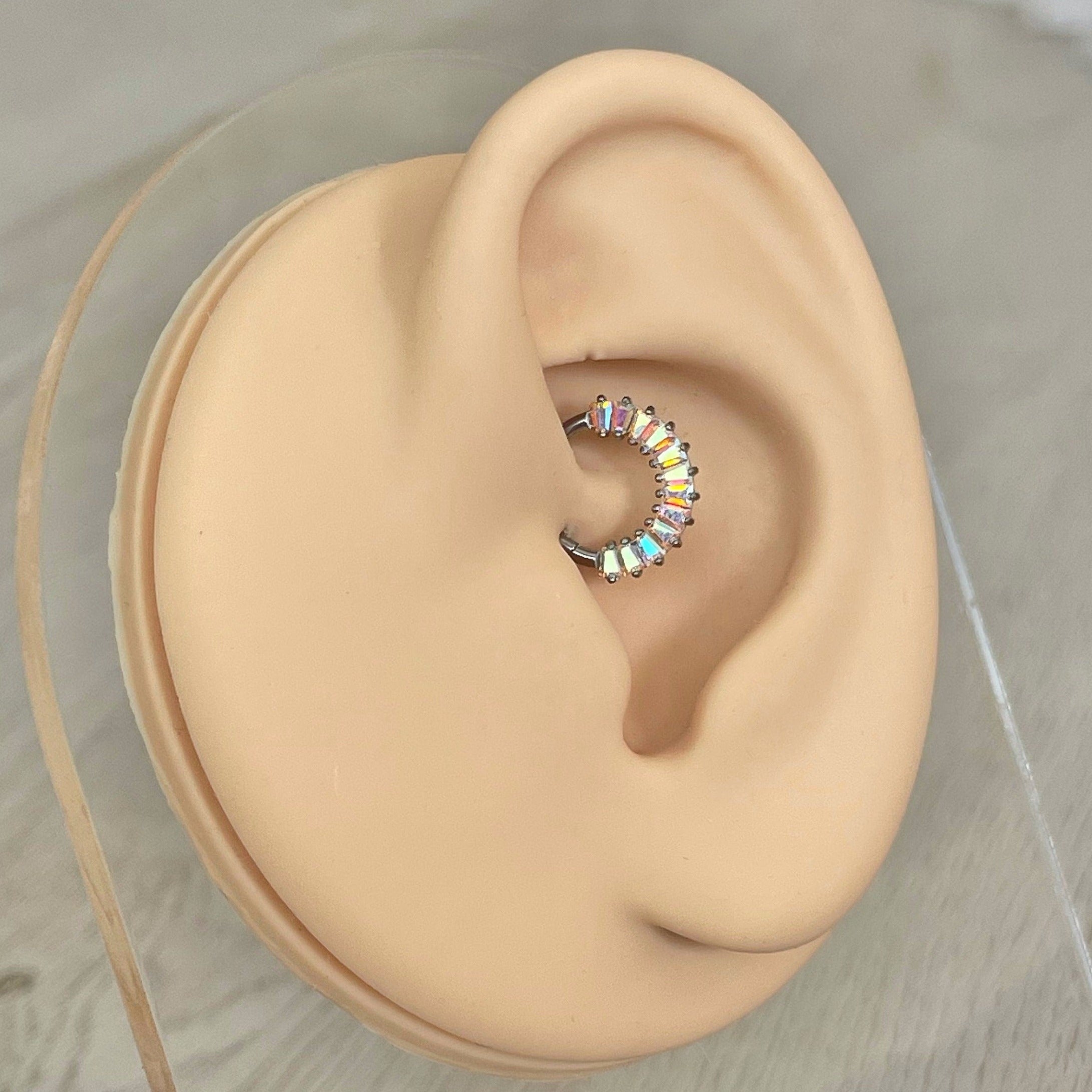 Calyx Veil Daith Earring-Daith Earring-8mm Diameter-Silver/Aurora CZs-Elara Body Jewelry