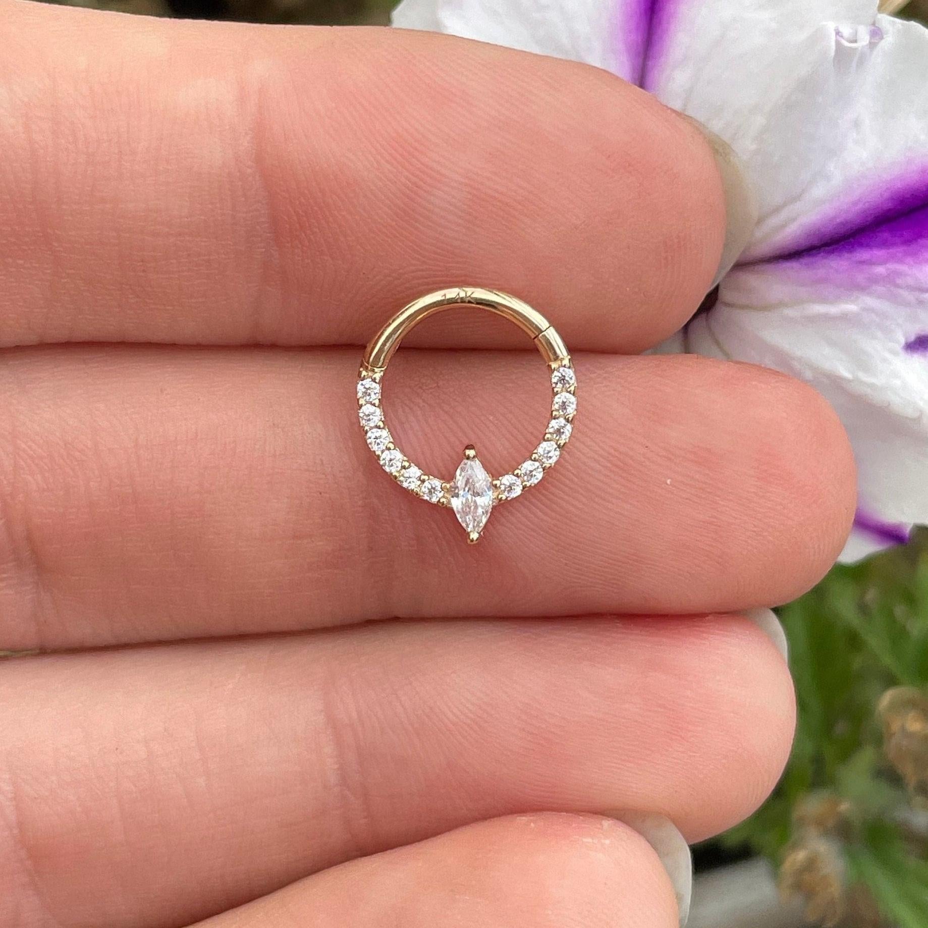 Eclat Marquise Solid Gold Daith Earring-Daith Earring-8mm Diameter-Yellow Gold-Elara Body Jewelry