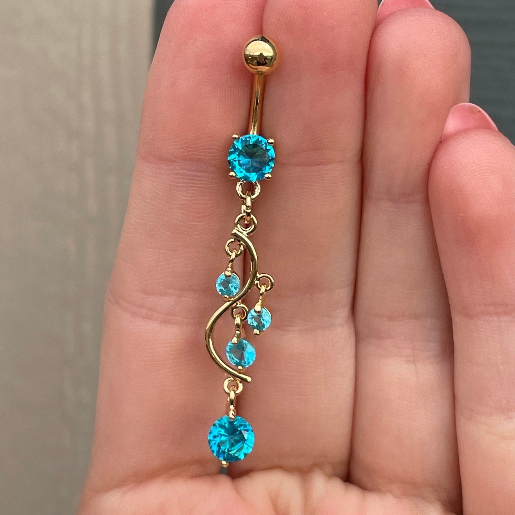 Eternal Cascade Belly Button Ring-Belly Button Rings-Gold/Aqua CZs-Elara Body Jewelry