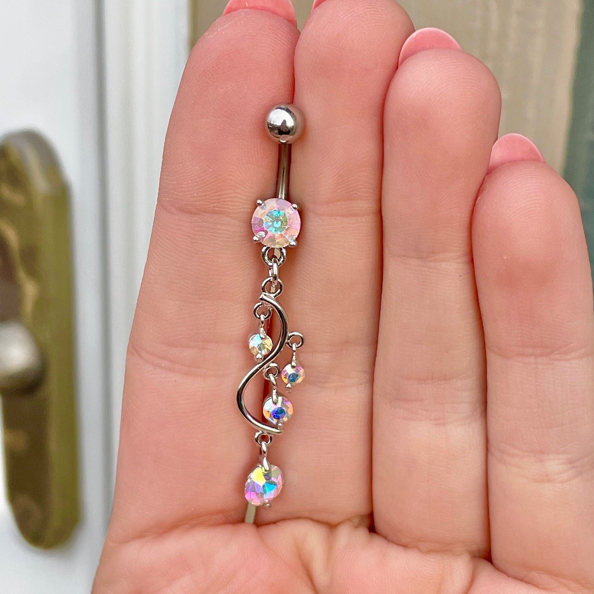 Eternal Cascade Belly Button Ring-Belly Button Rings-Silver/Aurora CZs-Elara Body Jewelry