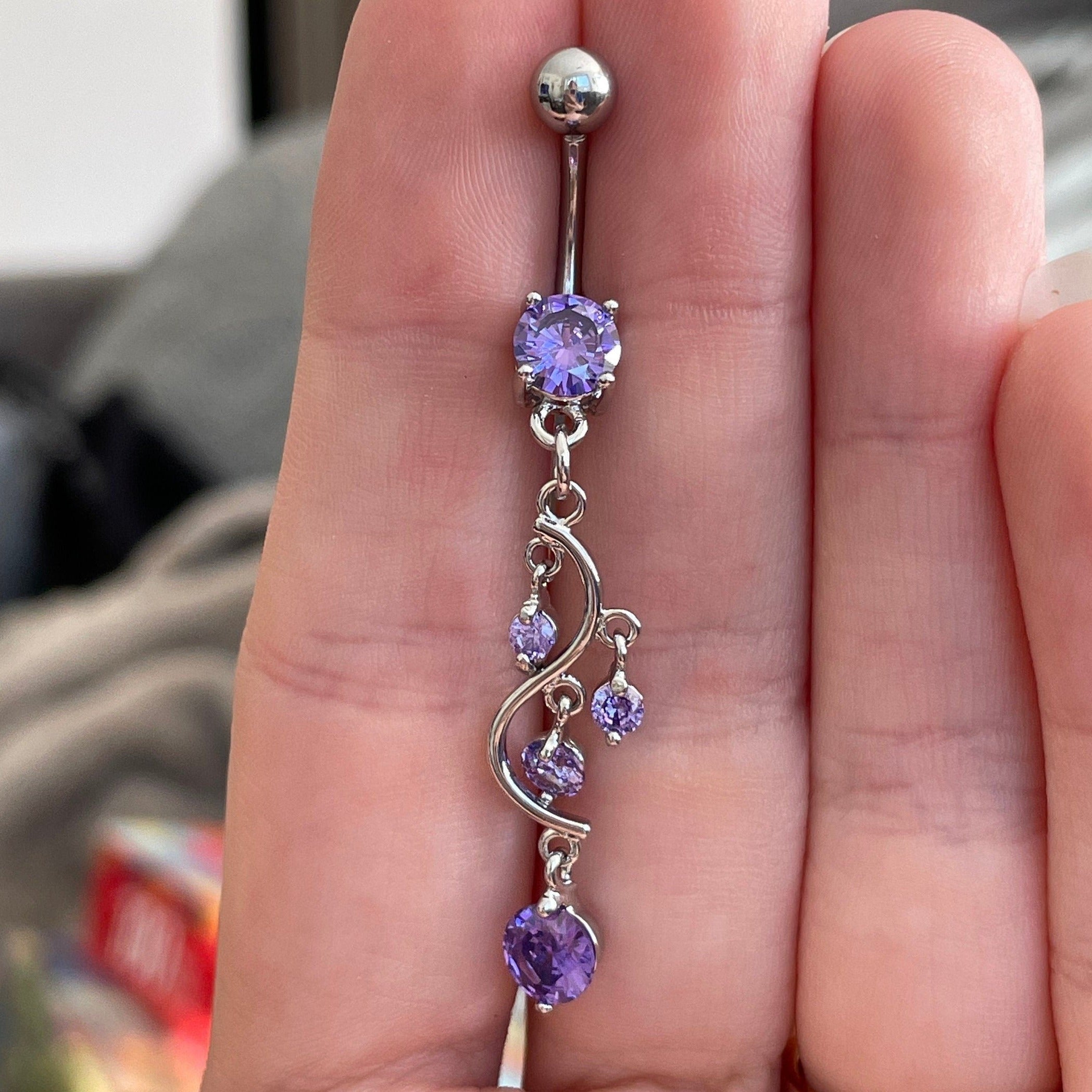 Eternal Cascade Belly Button Ring-Belly Button Rings-Silver/Purple CZs-Elara Body Jewelry