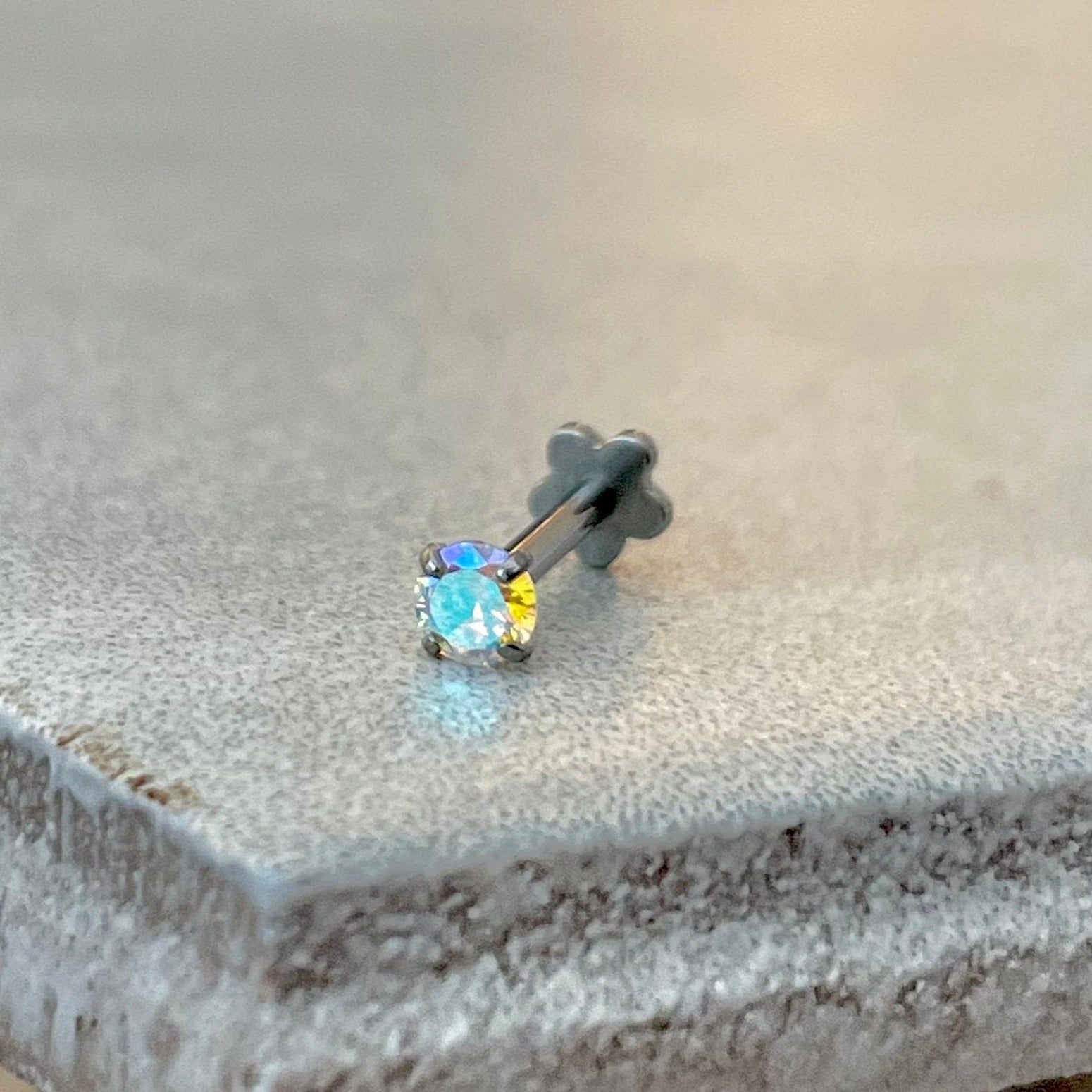 Flat Back Stud Piercing (16G or 18G | 8mm | Titanium | Multiple Color Options)-Cartilage Earring-16G-Silver | Aurora CZ-Elara Body Jewelry