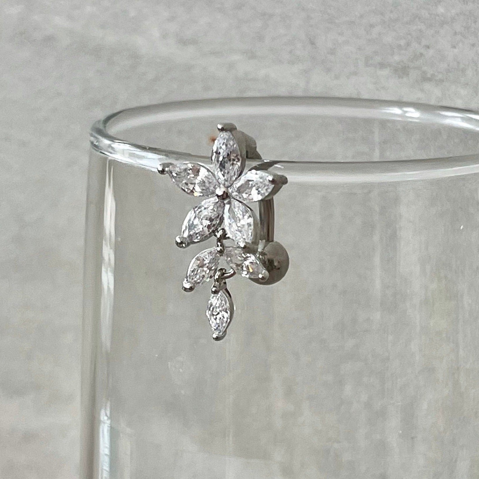 Floreline Belly Button Ring-Belly Button Rings-Silver/Clear CZs-Elara Body Jewelry