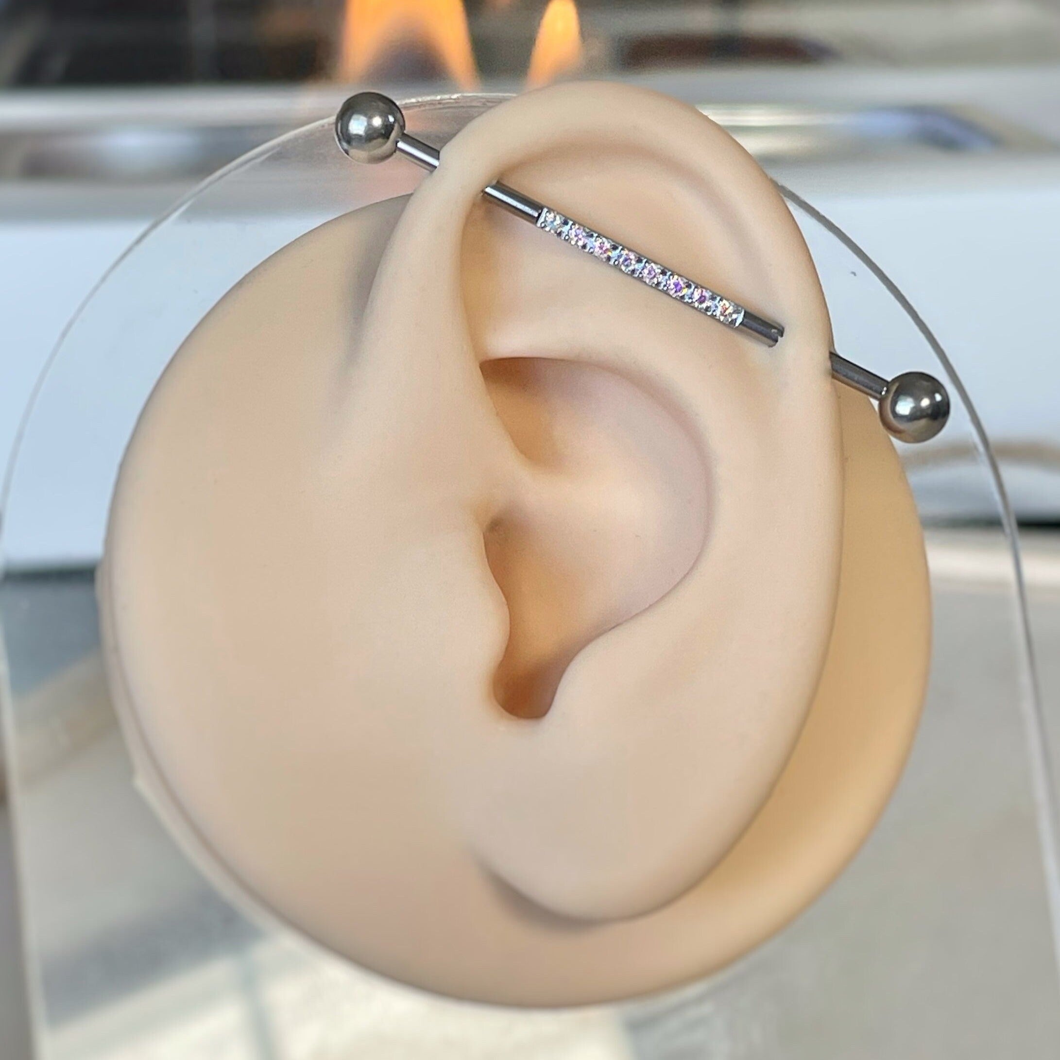 Gold Halo Industrial Piercing-Industrial Barbell-Silver/Aurora CZs-Elara Body Jewelry