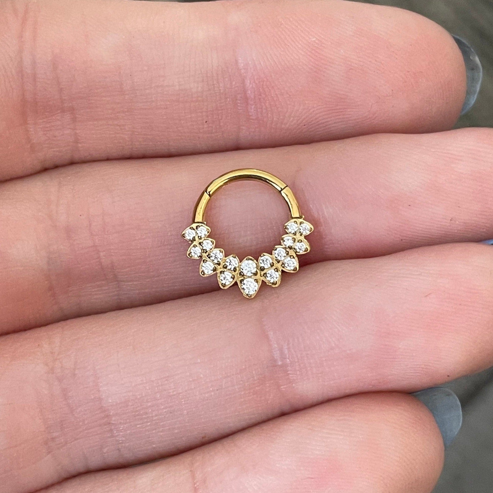 Halo de Celeste Septum Ring-Septum Ring-8mm Diameter-Gold/Clear CZs-Elara Body Jewelry