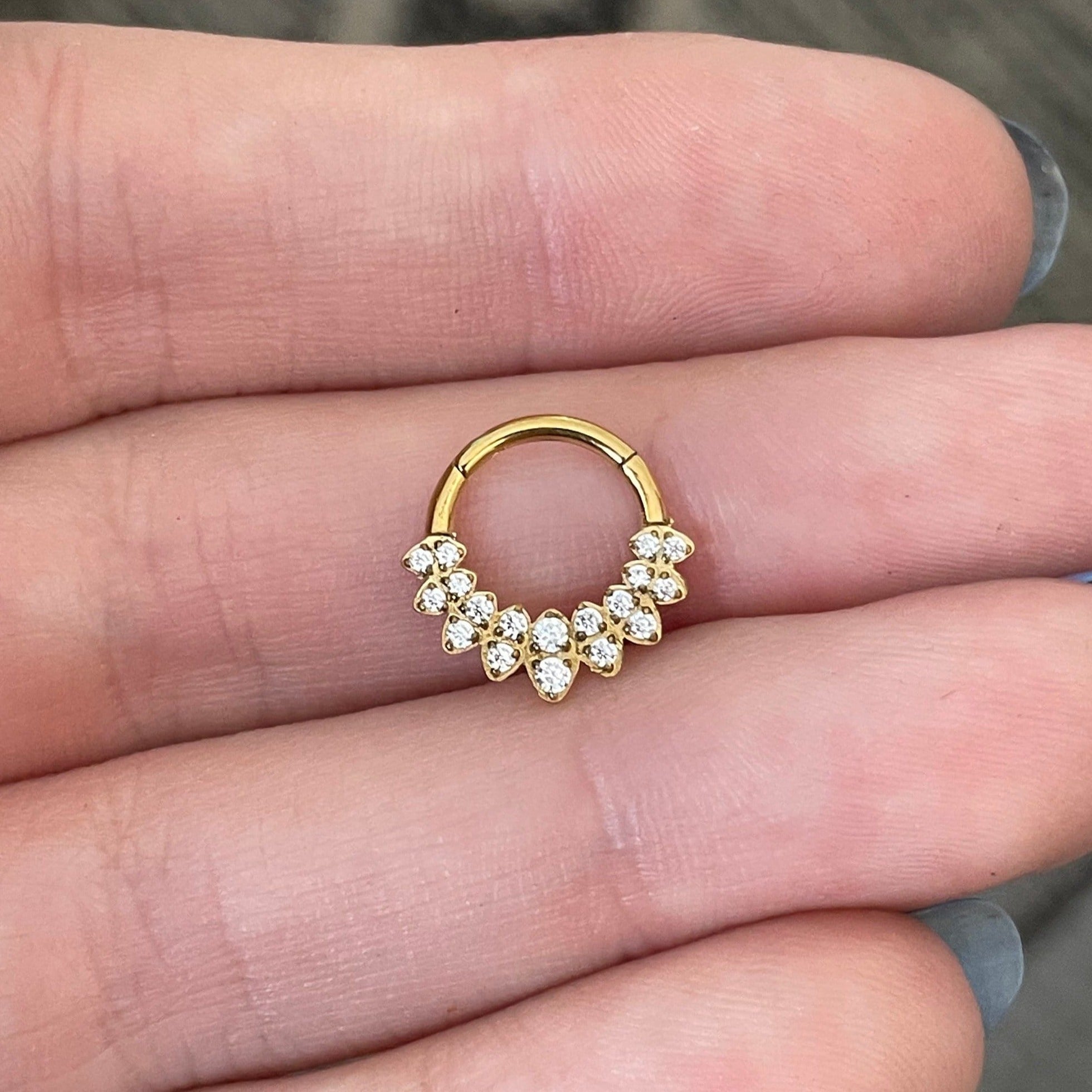 Halo de Celeste Septum Ring-Septum Ring-8mm Diameter-Gold/Clear CZs-Elara Body Jewelry