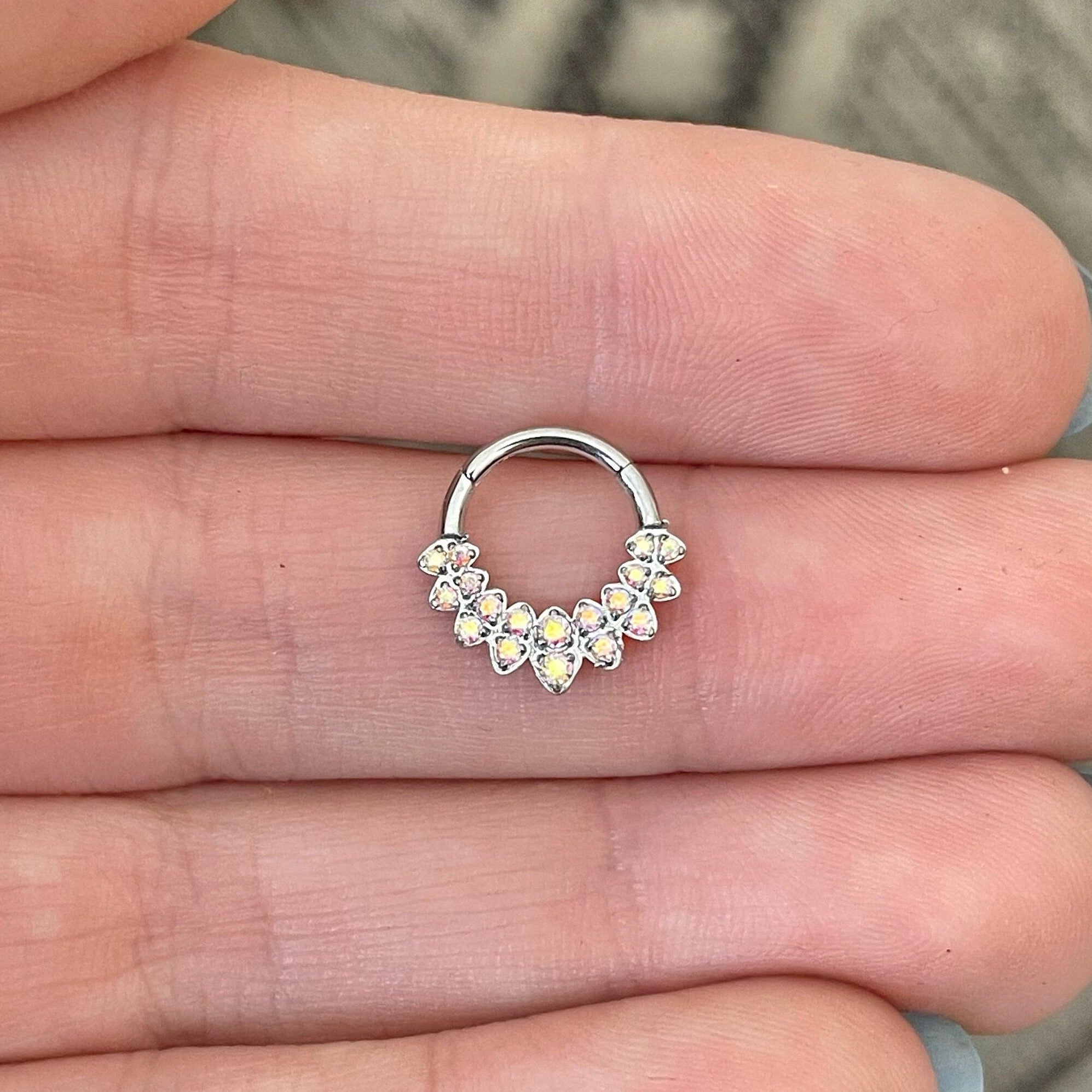 Halo de Celeste Septum Ring-Septum Ring-8mm Diameter-Silver/Aurora CZs-Elara Body Jewelry