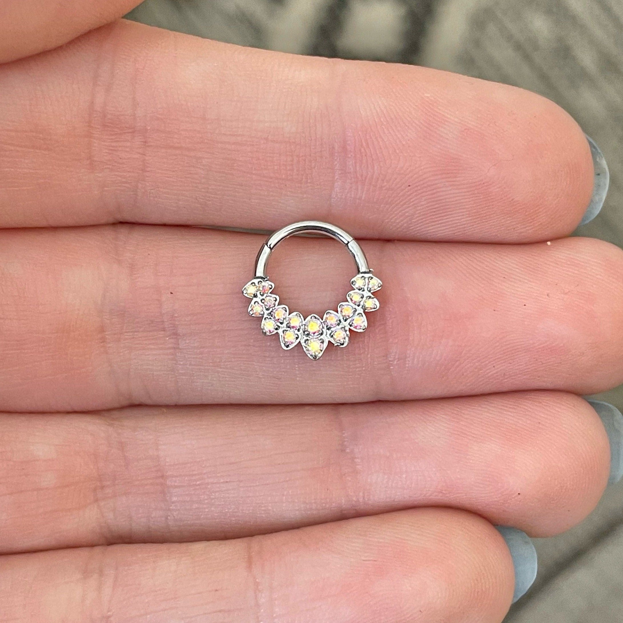 Halo de Celeste Septum Ring-Septum Ring-8mm Diameter-Silver/Aurora CZs-Elara Body Jewelry