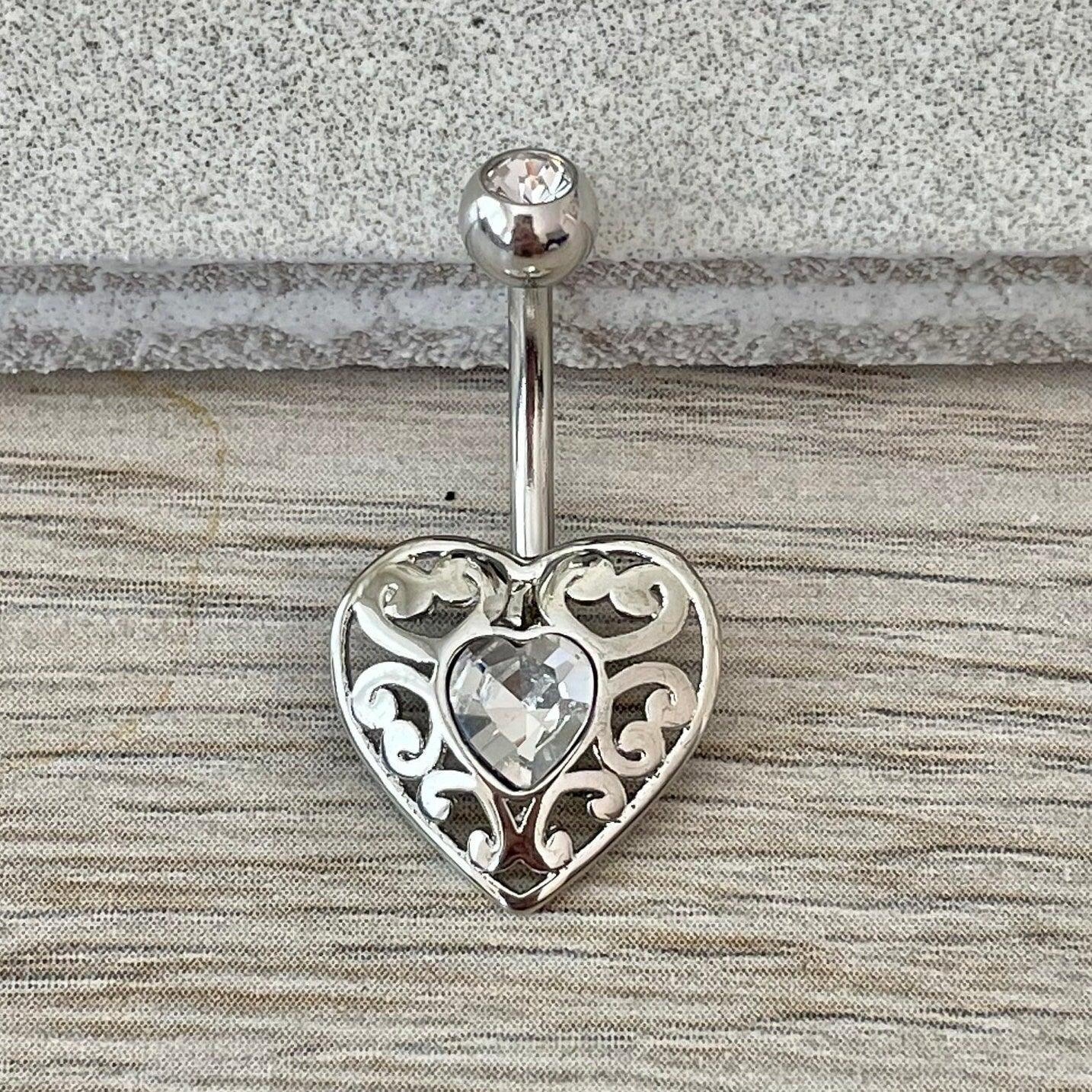 Valencia Heart Belly Button Ring-Belly Button Rings-Silver/Clear CZs-Elara Body Jewelry