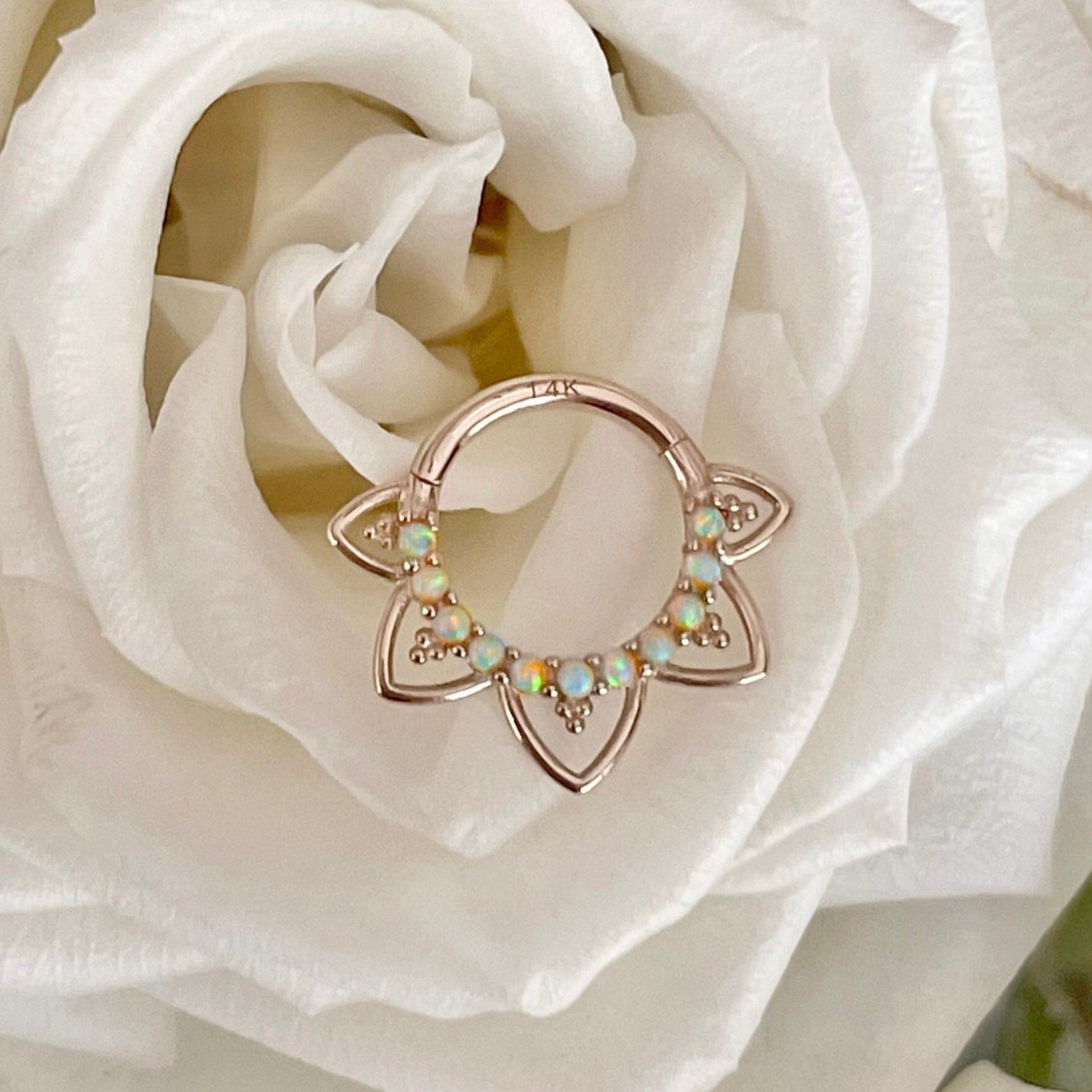 Velora Spark Opal Daith Earring-Daith Earring-8mm Diameter-White Gold-Elara Body Jewelry