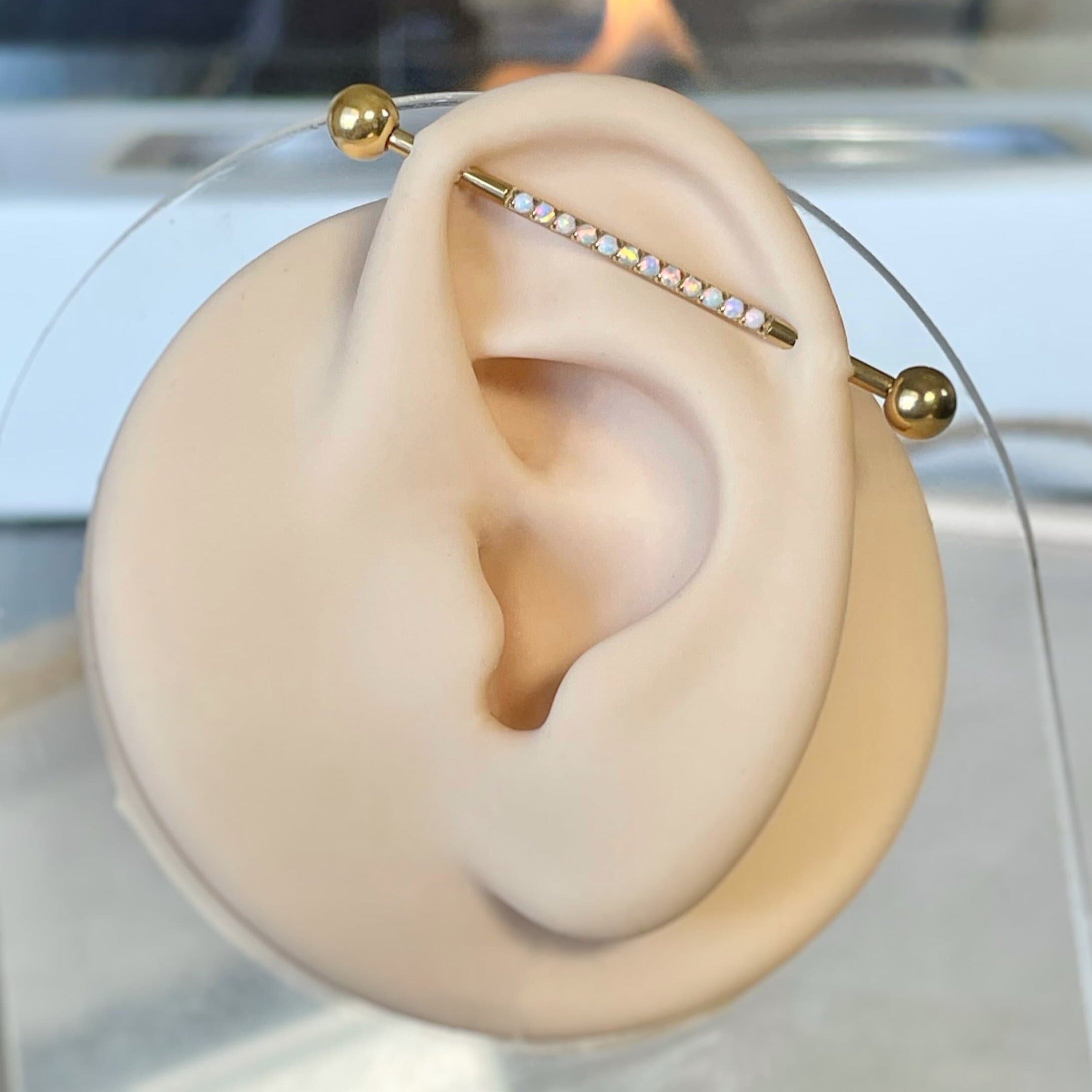 Verite Opale Industrial Piercing-Industrial Barbell-Gold/White Opals-Elara Body Jewelry