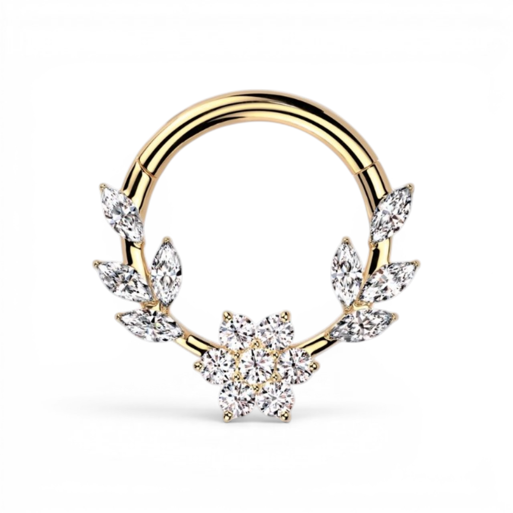 Gold hinged piercing hoop with CZ-studded flowers and delicate leaves