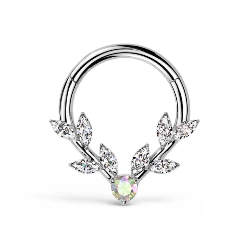 Silver hinged piercing hoop with vine and leaf design