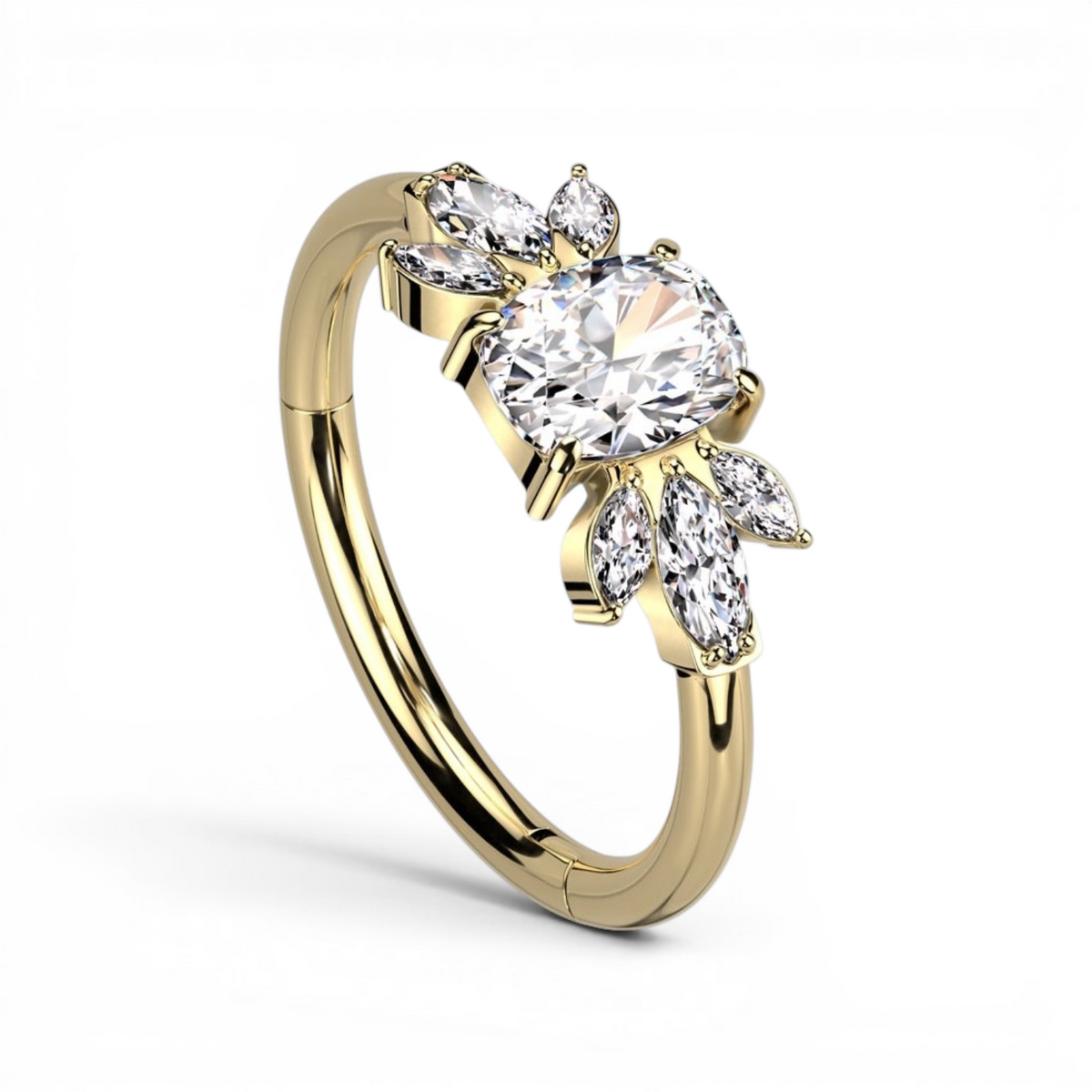 Gold cartilage hoop earring with oval-cut CZ centerpiece framed by delicate marquise accents