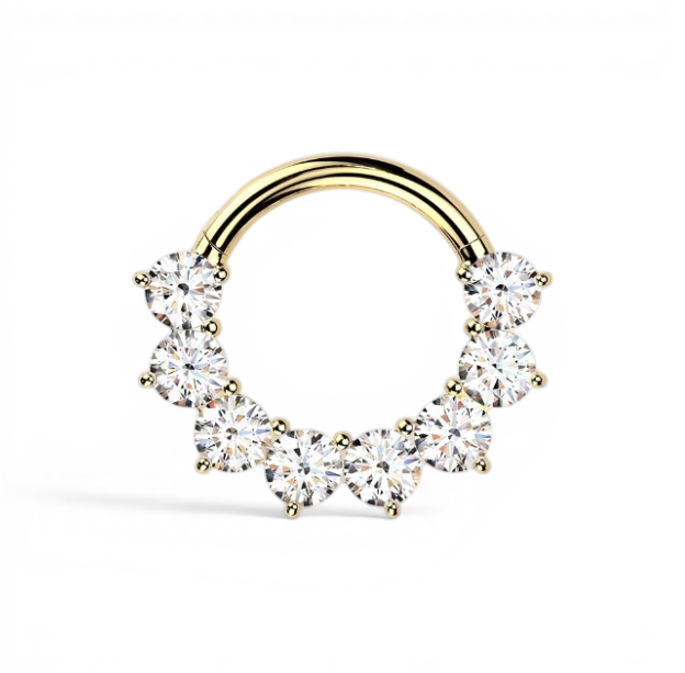 Gold hinged piercing hoop with sunburst design