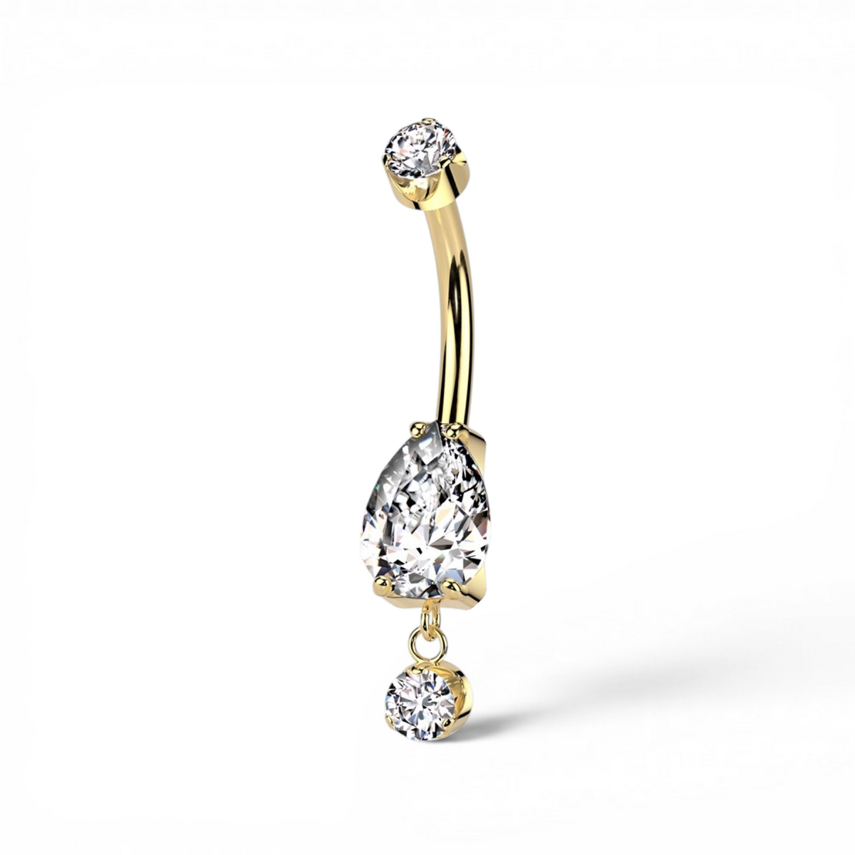Gold belly button ring with pear-cut CZ centerpiece paired with a delicate dangling round CZ accent